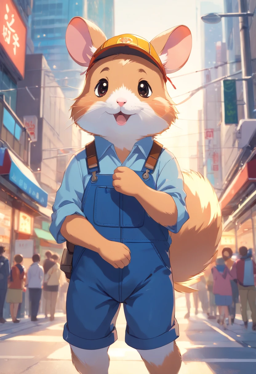 a happy hamster, Holding an instrument, A hard hat is worn on his head, Trading on the stock exchange, beside the street, Wearing blue overalls, personal profile picture, (Best quality at best, 4K, A high resolution, tmasterpiece:1.2), ultra - detailed, (actual, realisticlying, Photorealistic:1.37), Studio lighting, vivd colour, bokeh, sportrait, cheerfulness, friendly eyes, Cute round body, Claws grip the instrument tightly, fluttering notes, noisy background, energeticatmosphere.