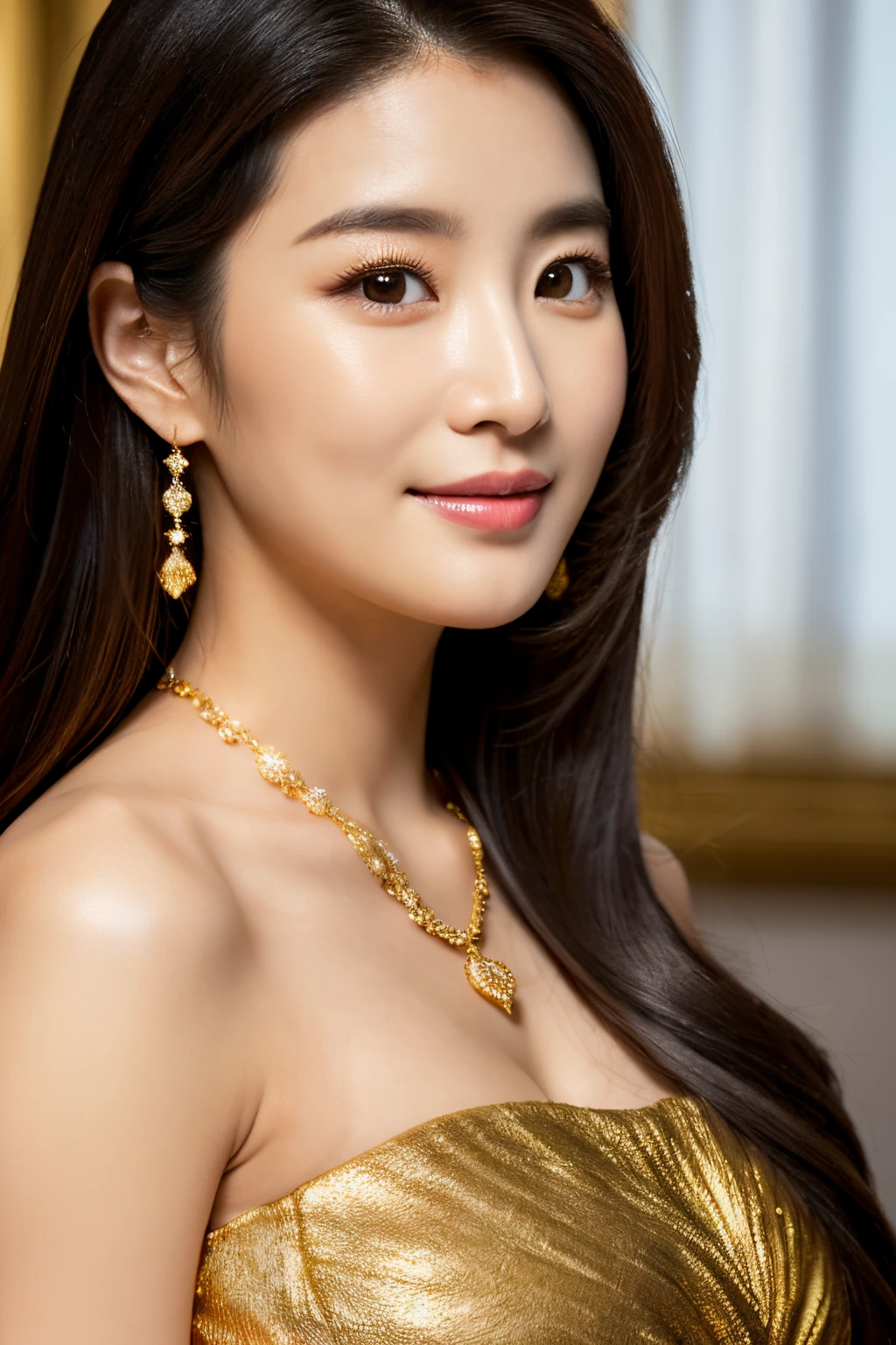 Close up portrait of woman in black and gold dress, female actress from korea, Cute Korean Actress, li bingbing, beautiful Korean women, lee ji - eun, lee ji-eun, Hwang Se - On, kwak ji young, shin min jeong, fanbingbing, Korean Woman, yuli ban, Beautiful young Korean woman, lu ji