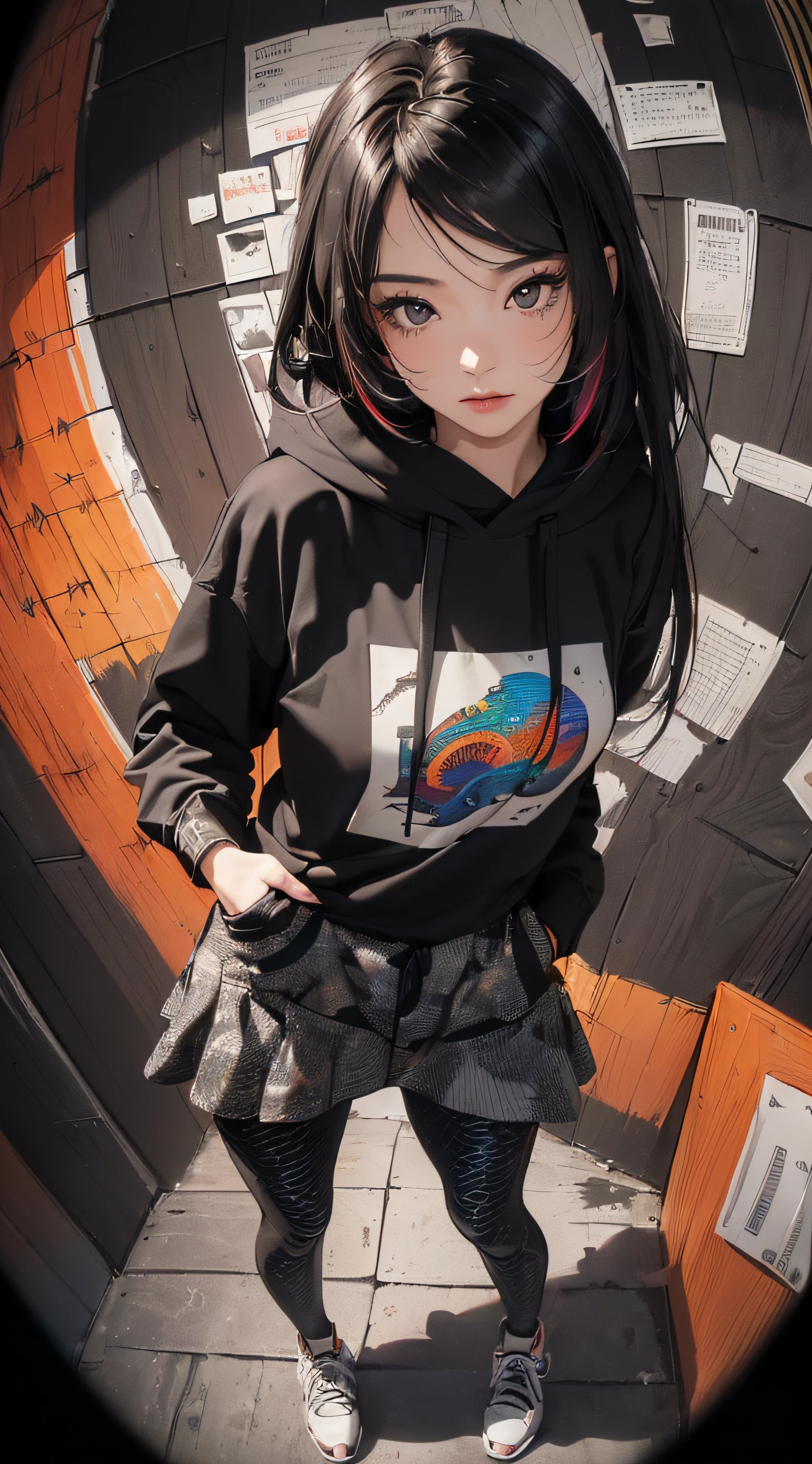 (((8k wallpaper of extremely detailed CG unit:1.2, ​masterpiece, hight resolution:1.2, top-quality:1.2, masutepiece))), ((a very beautiful woman, Hands in pockets:1.8, Grunge Fashion:1.2, Wearing a hoodie:1.2, Wearing white leggings, Wearing shoes)), ((extra detailed face, Highly detailed black eyes, extra detailed body, Top quality real texture skins)), (A dark-haired, length hair, de pele branca, Small), ((colorful geometric pattern wall, Colorful wall)), (high-angle:1.2, Fisheye:1.3), hyper realisitic, digitial painting,