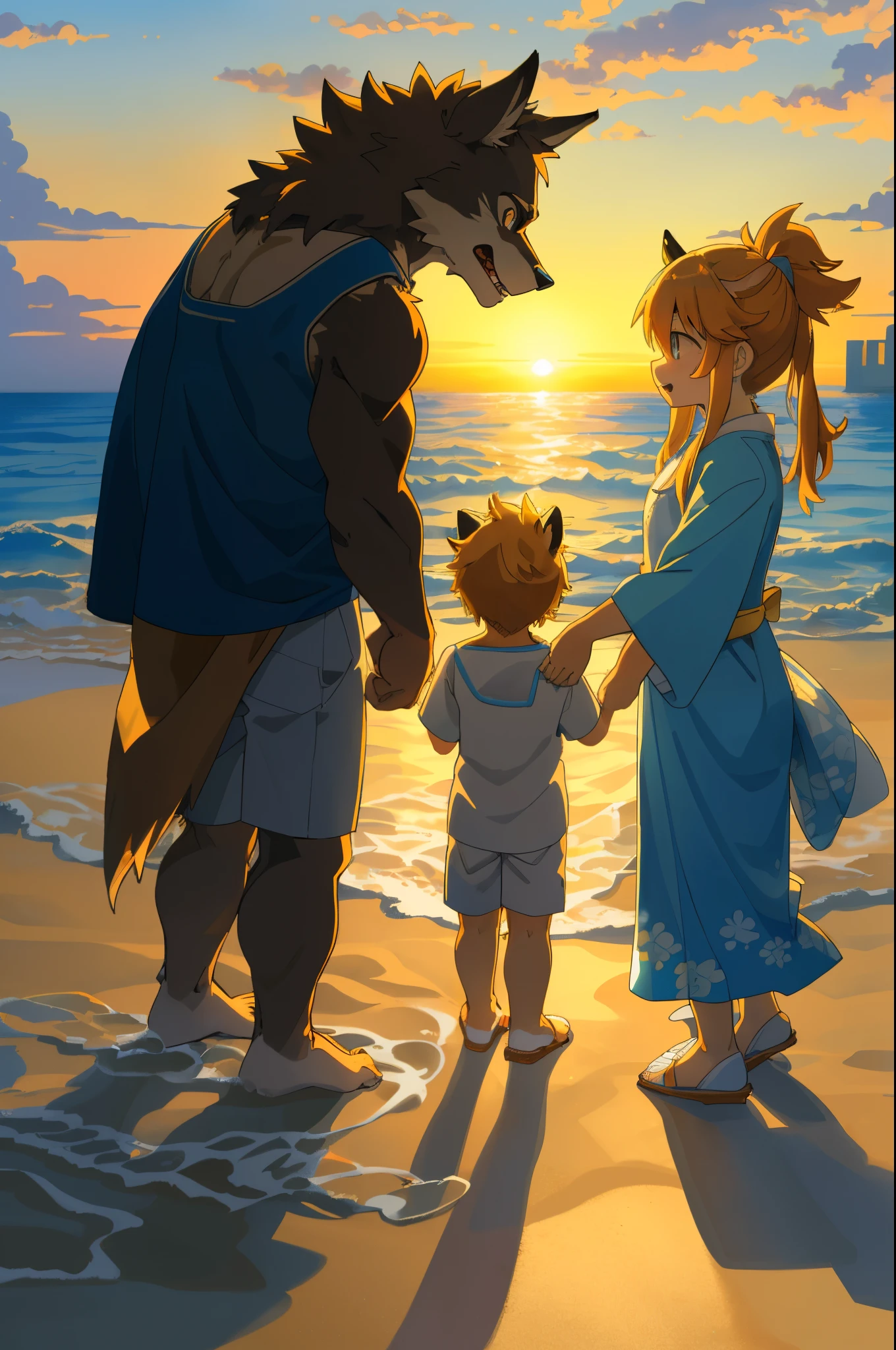 cover page, anime key visual, highres, top quality, best quality, paid reward available, High-quality illustrations, unparalleled masterpiece, perfect artwork, absurdres(family watching sunrise at the beach)((kemono werewolf family with two parents of diverse descents and a child)perfect anatomy, mesmerized by the sunrise, child playing with sand and building a sandcastle, serene beach with gentle waves, sky with vibrant colors of dawn, family’s expressions of awe and happiness, moment of peace and togetherness, fan-created work shared on platforms Pixiv or Twitter, cinematic lighting, dynamic angle,