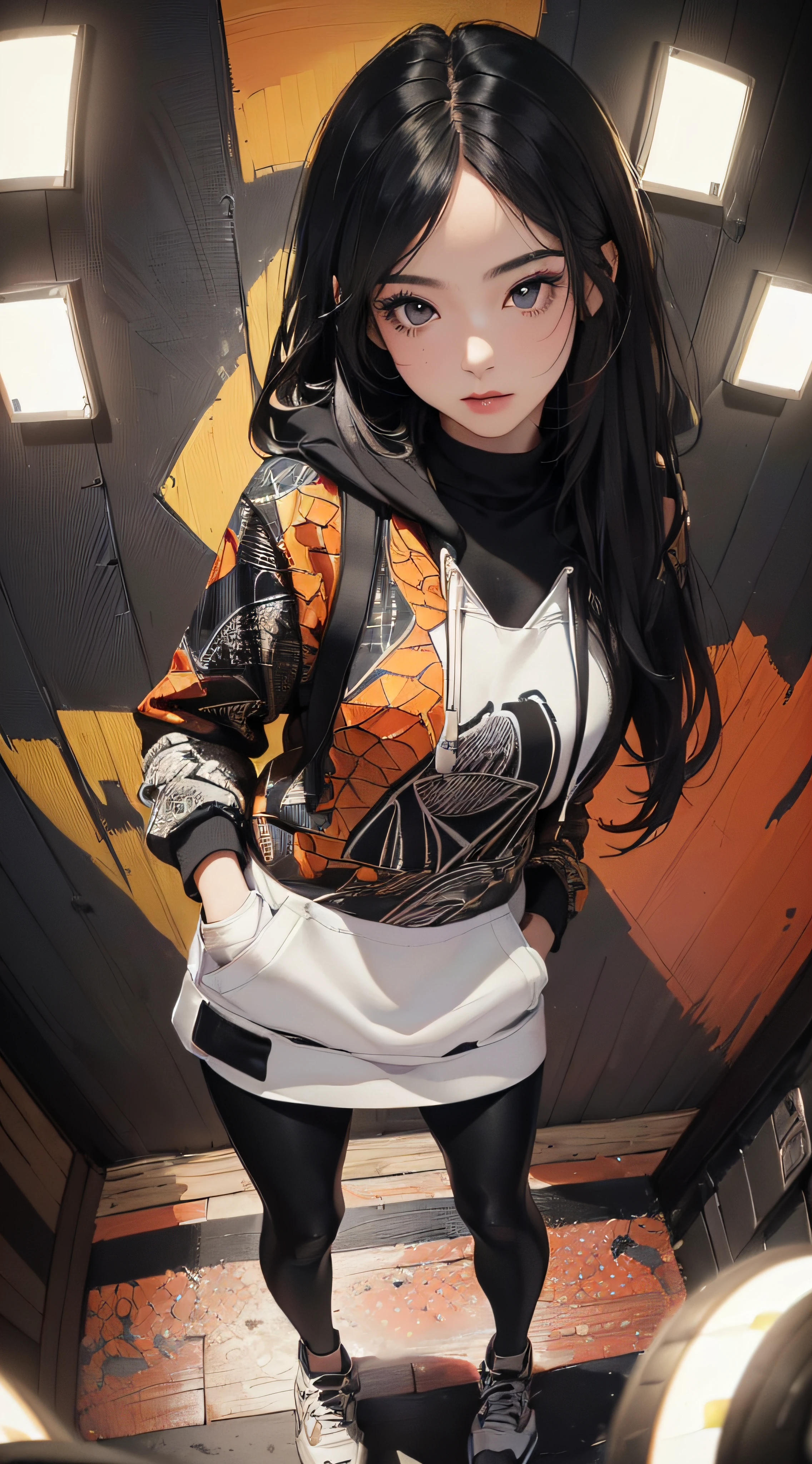 (((8k wallpaper of extremely detailed CG unit:1.2, ​masterpiece, hight resolution:1.2, top-quality:1.2, masutepiece))), ((a very beautiful woman, Hands in pockets:1.8, Grunge Fashion:1.2, Wearing a hoodie:1.2, Wearing white leggings, Wearing shoes)), ((extra detailed face, Highly detailed black eyes, extra detailed body, Top quality real texture skins)), (A dark-haired, length hair, de pele branca, Small), ((colorful geometric pattern wall, Colorful wall)), (high-angle:1.2, Fisheye:1.3), hyper realisitic, digitial painting,