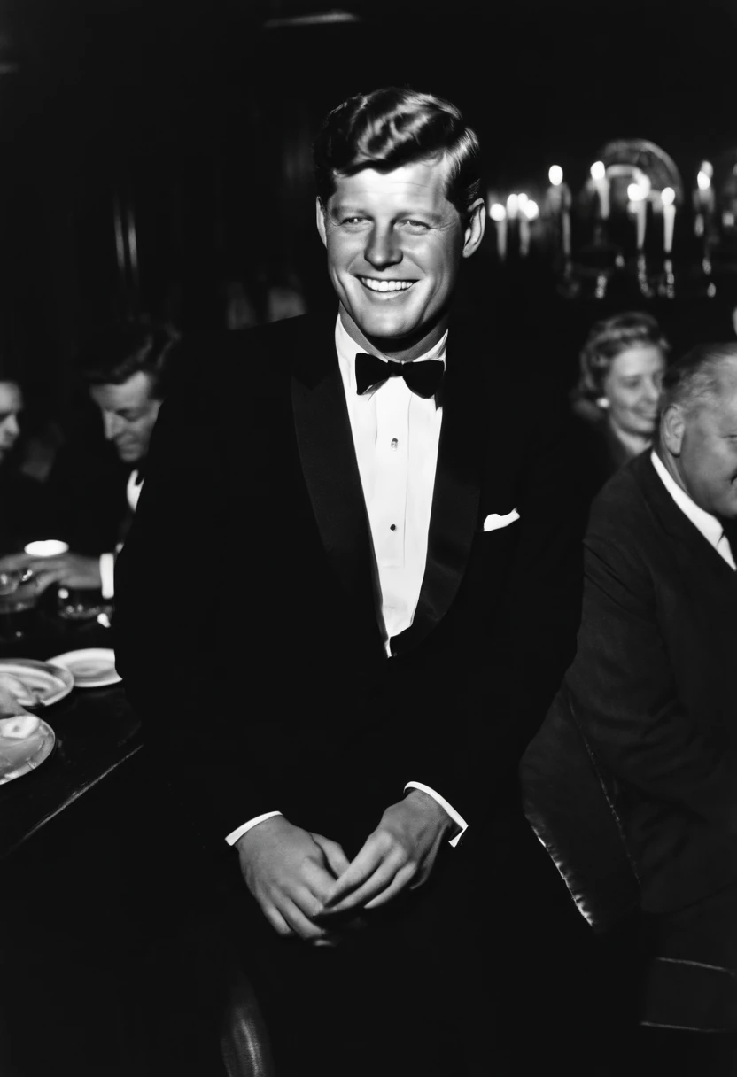 A photo of Kennedy enjoying a night out at a jazz club,original,John F. Kennedy, the 35th President of the United States, was renowned for his handsome, charismatic appearance, with his wavy hair, engaging smile, and a sense of style that exuded confidence and charm. His tailored suits and poised demeanor contributed to a public image of youthful vigor and sophistication.