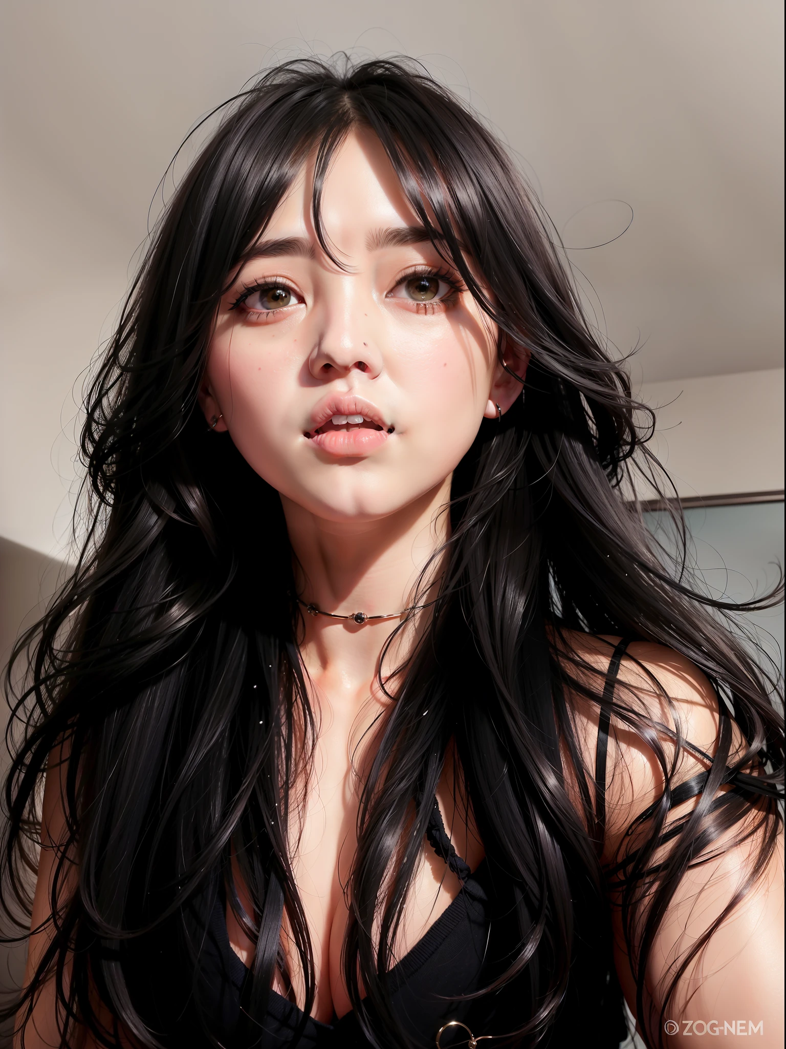 Araffe Asian woman with long black hair wearing a black bra, Ulzzang, young adorable korean face, linda mulher coreana jovem, cruel korean goth girl, menina coreana, wan adorable korean face, Mulher sul-coreana bonita, mulher coreana jovem bonita, preto hime corte cabelo, Ela tem cabelo preto com franja, korean face features, cabelos pretos e olhos grandes