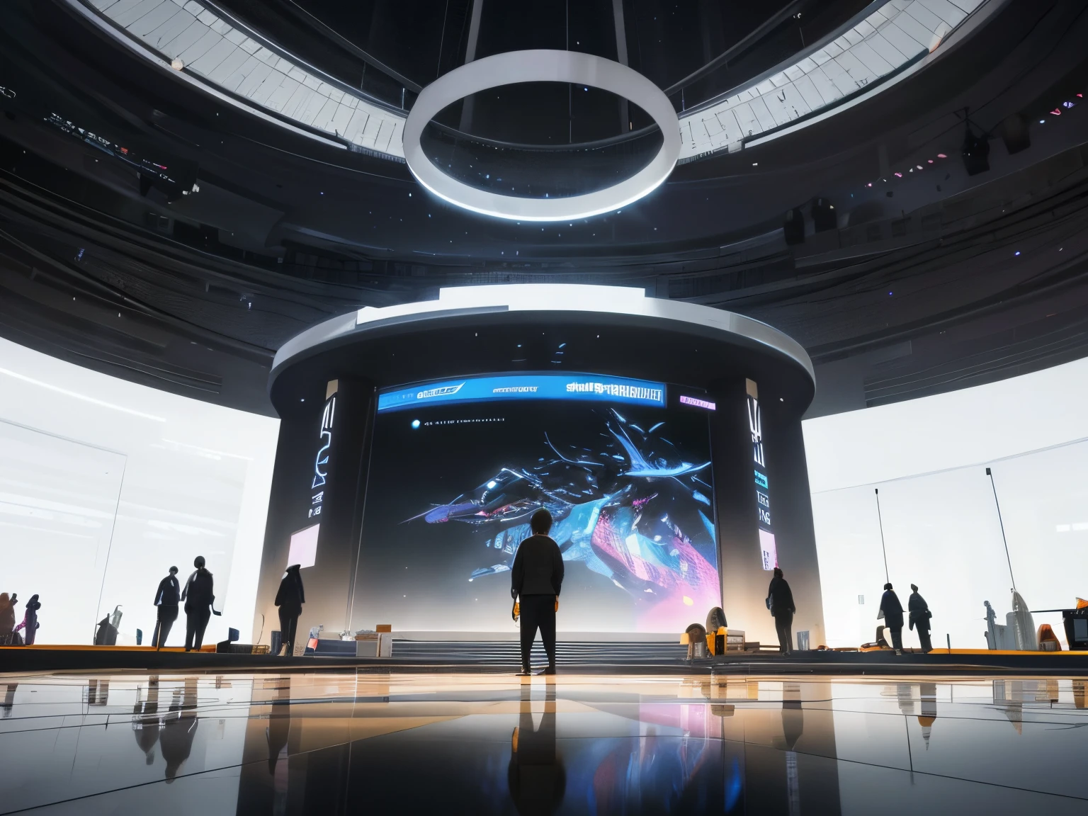 Close-up of large display screen,People are standing around, dream-like, exhibition hall lighting, thumbnail, gurney with ambient lighting, looking partly to the left, sharp hq rendering, Godrej Lighting, dark showroom, Taken in the early 2020s, sharp render, concept-art, concept-art, Sharp. Volumetriclighting, Subtle vitality