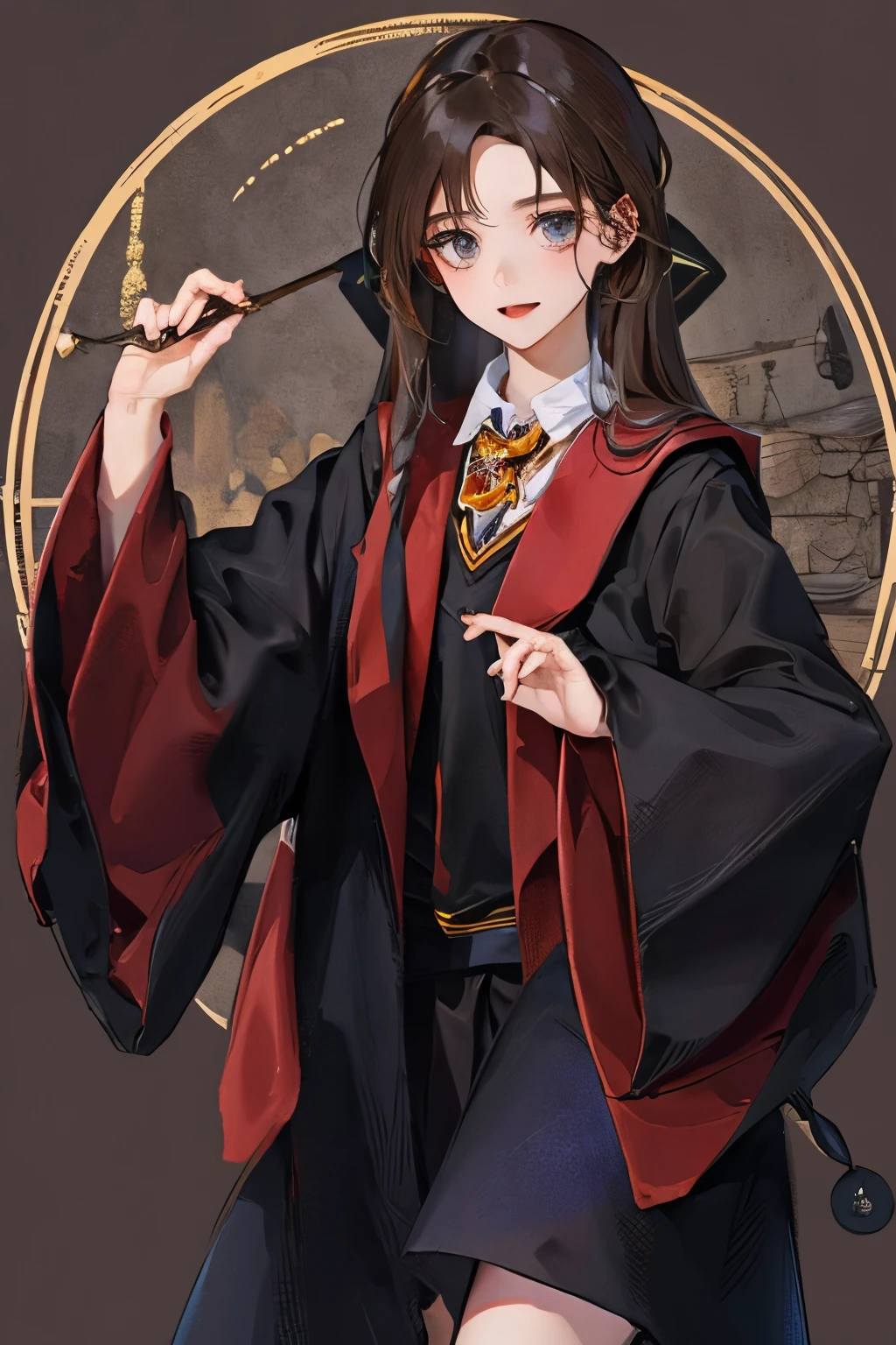 Masterpiece、top-quality、girl1、ultra-detailliert　A dark-haired、straight haired　Hogwarts Uniform、cana　Background with、Hogwarts School of Witchcraft