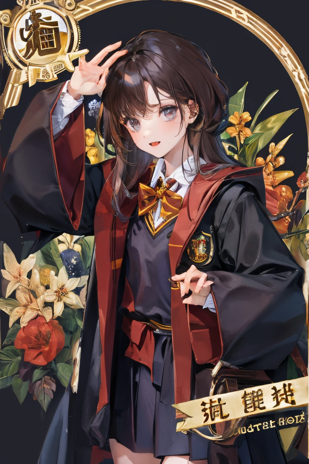 Masterpiece、top-quality、girl1、ultra-detailliert　A dark-haired、straight haired　Hogwarts Uniform、cana　Background with、Hogwarts School of Witchcraft