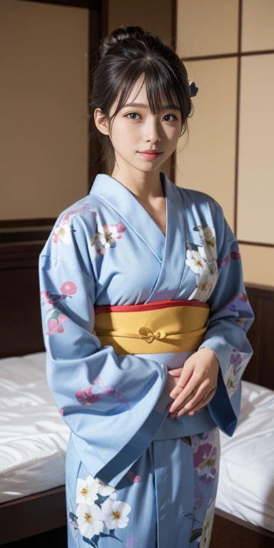 (((Kamimei、Photorealistic、口in教える))),(((((Traditional Kimono、Floral Yukata、White panties、Amorous、Wabi-sabi、Browsing Caution,Humble、Licking the candy carefully、White panties、Lift your legs))))),((Yoshiwara、2nd floor Japanese room、night、from below))、Tabletop, 1 girl, highest quality, Very detailed, (shiny), (small)、(((with blush cheeks,))),ray tracing,perfect lighting, (milky white skin:1.2),reflection, look up_in_Audience, blush, ribbon, Medium Curly Hair、yellow_eye, low_twin tails、The cutest 18-year-old girl in Japan、small ribbons in the hair