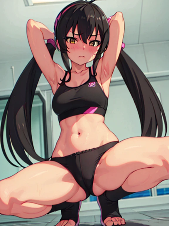 masterpiece, best quality, highres, Matoba Risa, 1girl, solo, busty, small breasts, black hair, twintail , sport bra, blush, looking at viewer, full body, standing, simple background, (erotic pose:1.4), (blush, flustered), ((arms behind head, double armpits)), Half body, upper body,n In the middle, symmetrical, crouching down, half-squat