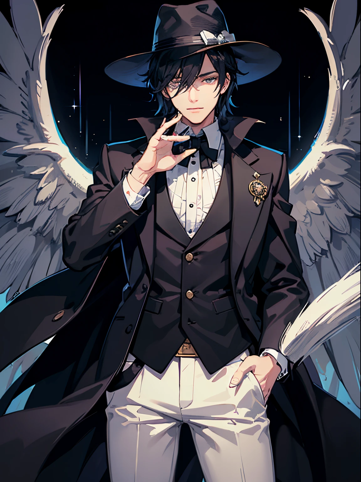 8K, winning, A highly detailed, 22-year-old man, (finely detailed beautiful eyes and detailed face) Charming and attractive man with dark black hair. Dressed in a plaid shirt in white tones, and similar color, Pants. He has a monocle on his face. The eye on which the monocle is dressed is green. A man standing completely wet in the rain of the night sky, time traveller, fedora hat ((Closed up face shot)) ((Final Boss))
