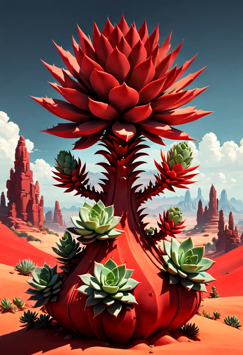 his is a succulent plant made out of red, in the style of raphael lacoste, spiky mounds, concept art, handheld, soft and rounded forms