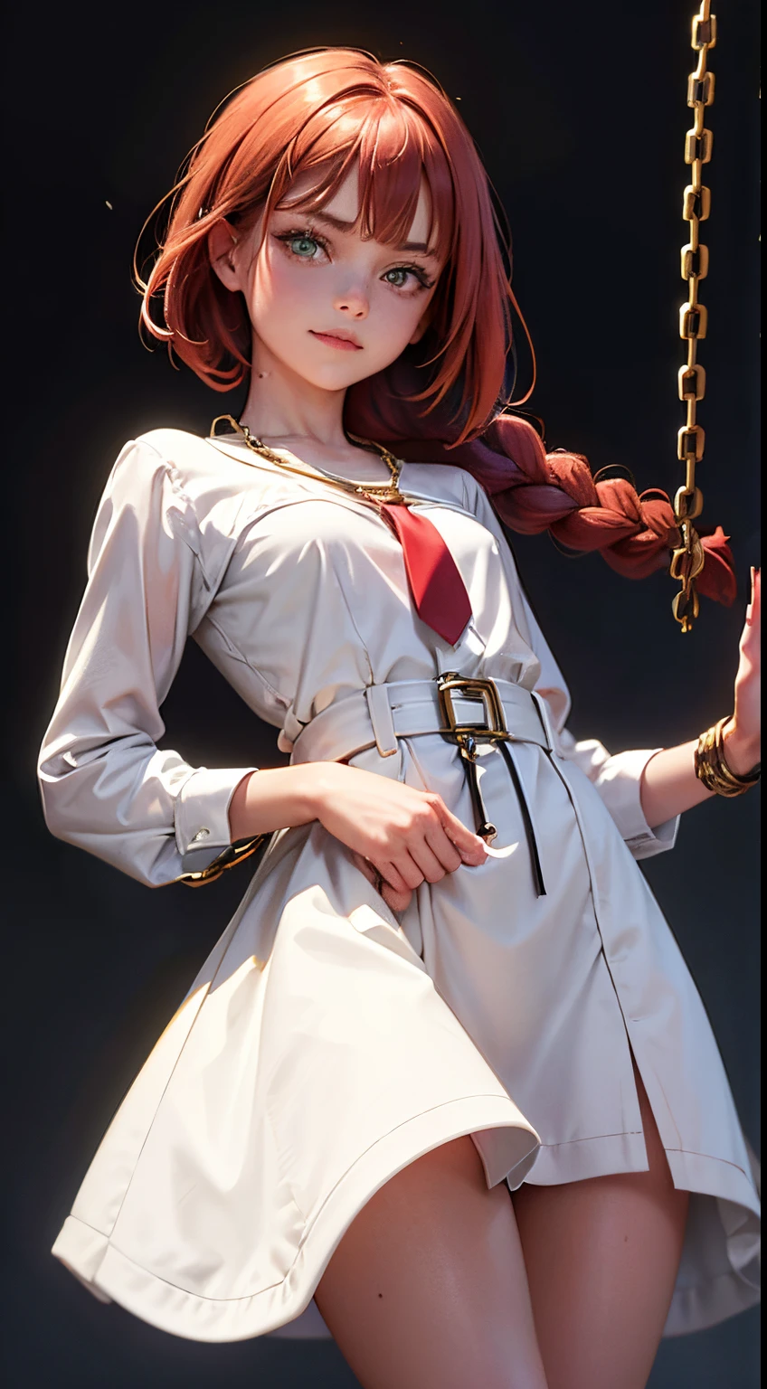 Makima with the face of Margot Robbie (chain saw man), Best Quality, ultra-detailliert, 1girl in, Solo, Standing, Red hair, Long braided hair, Golden Eyes, Bangs, very small pointed chest, White shirt, tie, Look, Smile, (in bad: 1.2), Looking at the viewer, (interview: 1.3), (Dark background, chains: 1.3), From above, sharp contrast, Beautiful detailed eyes, Focus, Wearing pumps