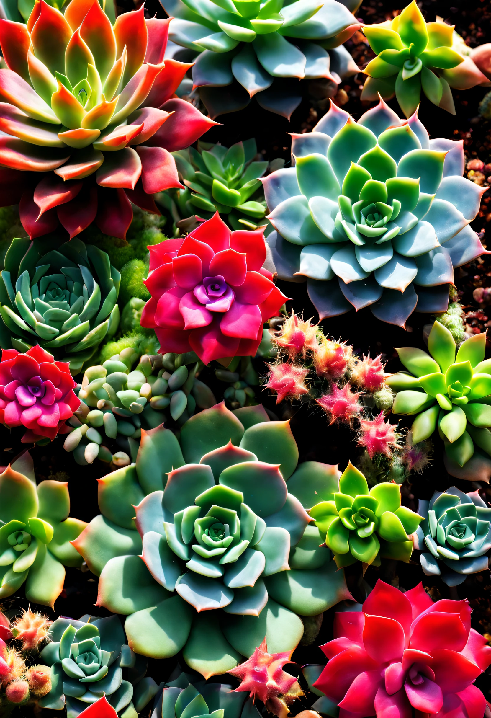 a collection of vibrant succulents,close-up view,variety of shapes and colors,soft and velvety texture,best quality,ultra-detailed,photorealistic,vivid colors,natural lighting