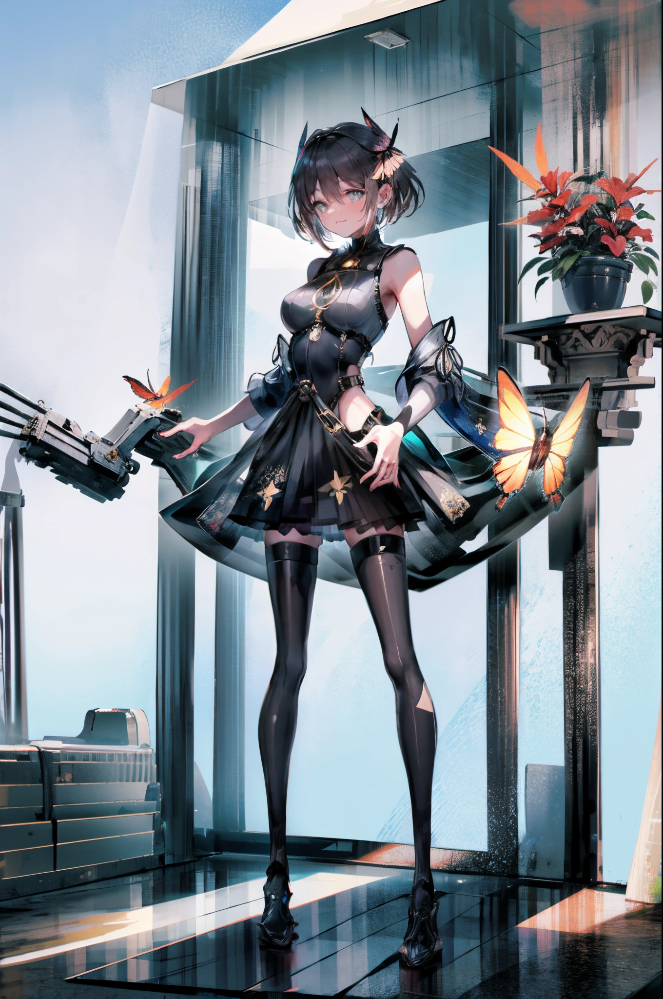 ，（tmasterpiece：1.2，high high quality），（pix：1.4），Full body lesbian,8k portrait of beautiful robot with brown hair, iintricate, Elegant, The content is very detailed, A majestic, digital photography, Art germ、Surrealist painting of gold butterfly filigree by Nguyen Chia and Greg Rutkoski, brokenglass, (tmasterpiece, Side seams, Eyes are delicate and beautiful: 1.2), HighDynamicRange, (Detailed background window for the new dimension, plants and flowers:0.7) unlimited, Infinity symbol,