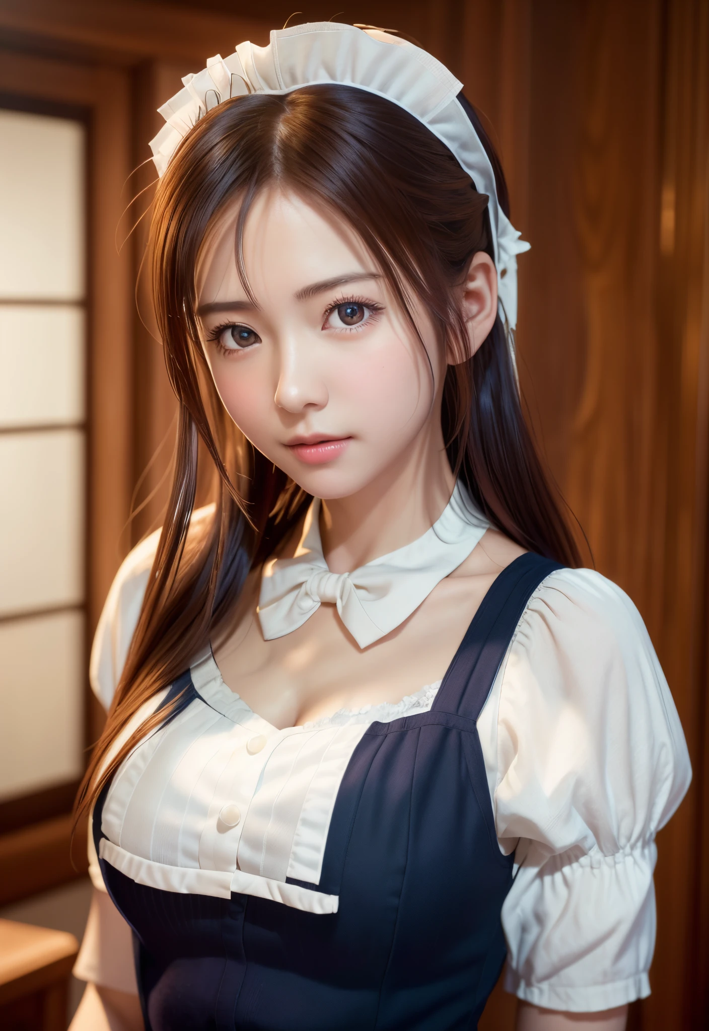 8K, of the highest quality, masutepiece:1.2), (Realistic, Photorealsitic:1.37), of the highest quality, masutepiece, Beautiful young woman、A charming、and an inviting look, Cute Maid Clothes, Hair tied back, Cinematic background, Light skin tone