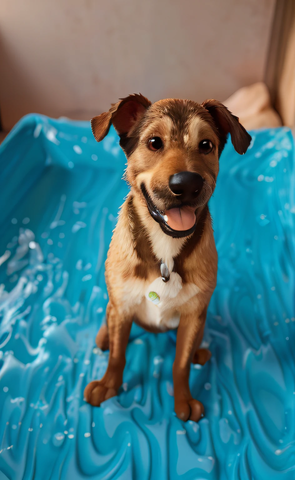 Poster no estilo Disney pixar, alta qualidade, melhor qualidade, there is a dog that is sitting, peludo bonito, uma obra-prima impressionante, Looking towards the camera, happily smiling at the camera, um alambique de um feliz