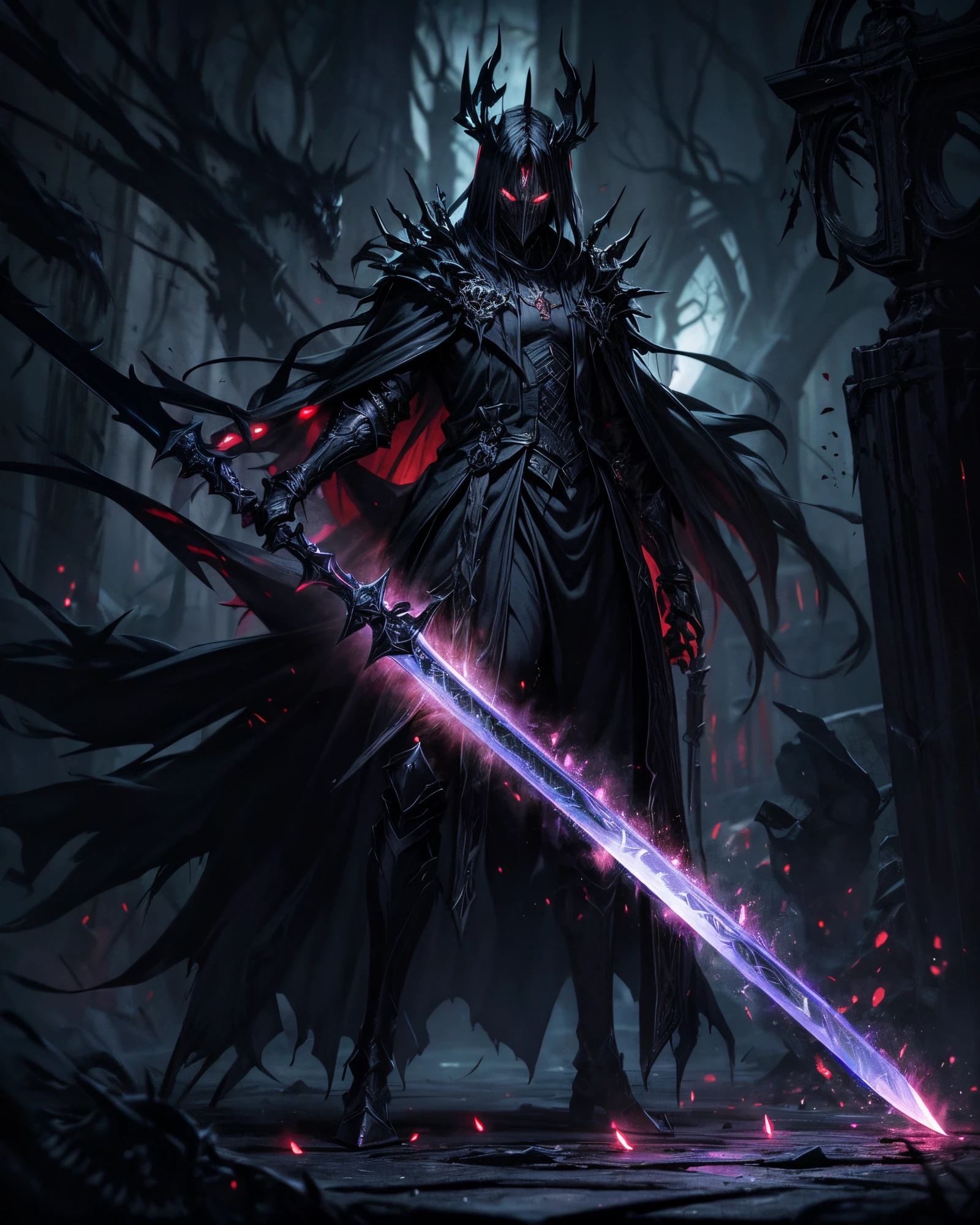 In a dark and oppressive scenario, a character appears inspired by Guts, from Berserk, but even darker and more terrifying. His hair is long and black, as are his arms, creating a sinister appearance. His intense red eyes radiate an evil aura, conveying the ferocity and power that inhabits his being. Clad in black demonic armor, this character exudes a menacing presence. Every detail of the armor is meticulously crafted, bringing to light the evil essence it represents. It features a gauntlet-shaped hand with demonic black claws, reminiscent of a hellish nature. The cloak he wears is as dark as the night itself, shrouding him in macabre shadows. On this cape, as well as on his sword, there are black aura effects that emanate mystery and dark energy. In his hands, he wields a colossal sword, a Dragon Slayer, as imposing and brutal as the entity that wields it. The dark effects surrounding the blade, the intricate and sinister details, make the weapon a true manifestation of terror and destruction. This character, with his frightening appearance, personifies the essence of darkness and horror. His presence is threatening, his energy radiates an overwhelming malevolence. He is a force to be feared, resonating with his enemies' worst nightmare. With the highest quality and attention to detail, colors and dark effects are enhanced to convey the full essence of this terrifying being. It is an image that inspires fear and at the same time fascinates, as it reveals the depth of the dark abysses of the human soul.,More Details