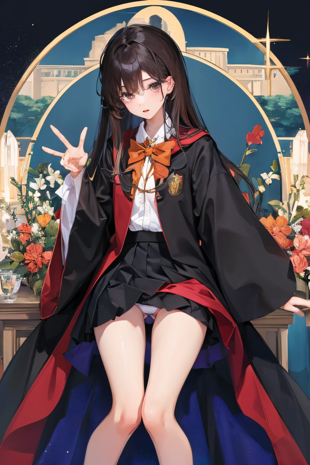 Masterpiece、top-quality、girl1、ultra-detailliert A dark-haired、straight haired Hogwarts Uniform、cana Soft thighs、panties on skirt rift、skirt lift by yourself Background with、Inside the castle