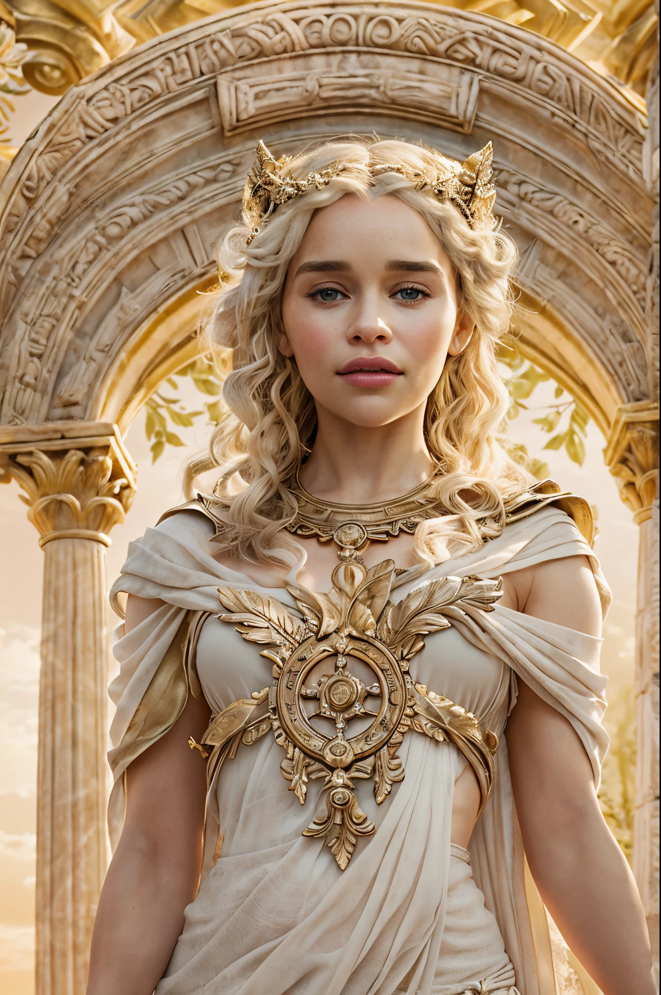 "Generate an AI-inspired image portraying Emilia Clarke as a Greek goddess, seamlessly blending the grace of ancient mythology with her modern charm. Envision her adorned in ethereal Grecian attire, radiating divine beauty and strength. Incorporate symbolic elements like laurel wreaths or celestial motifs, hinting at her celestial status. Use a soft and luminous color palette to evoke the timeless aura of a goddess, and depict her in a pose that captures both regality and approachability. The final image should be a visual fusion of classical mythology and contemporary allure, portraying Emilia Clarke as a goddess in the modern age."