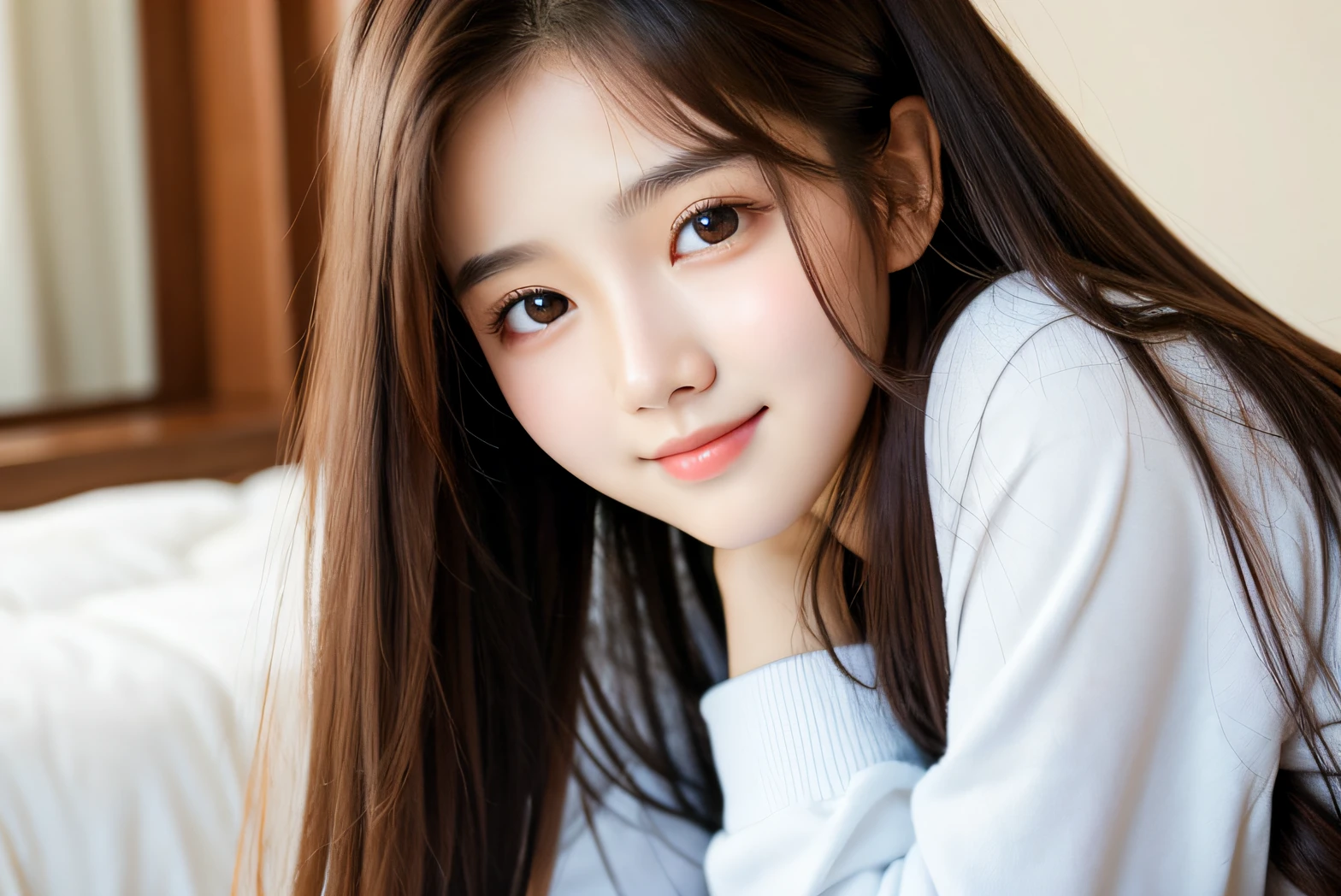 A very charming girl, 16 years old, Korean, South Korean model, with beautiful appearance, gorgeous appearance, charming facial features, beautiful eyes, perfect lips, looking at the camera with a smile,