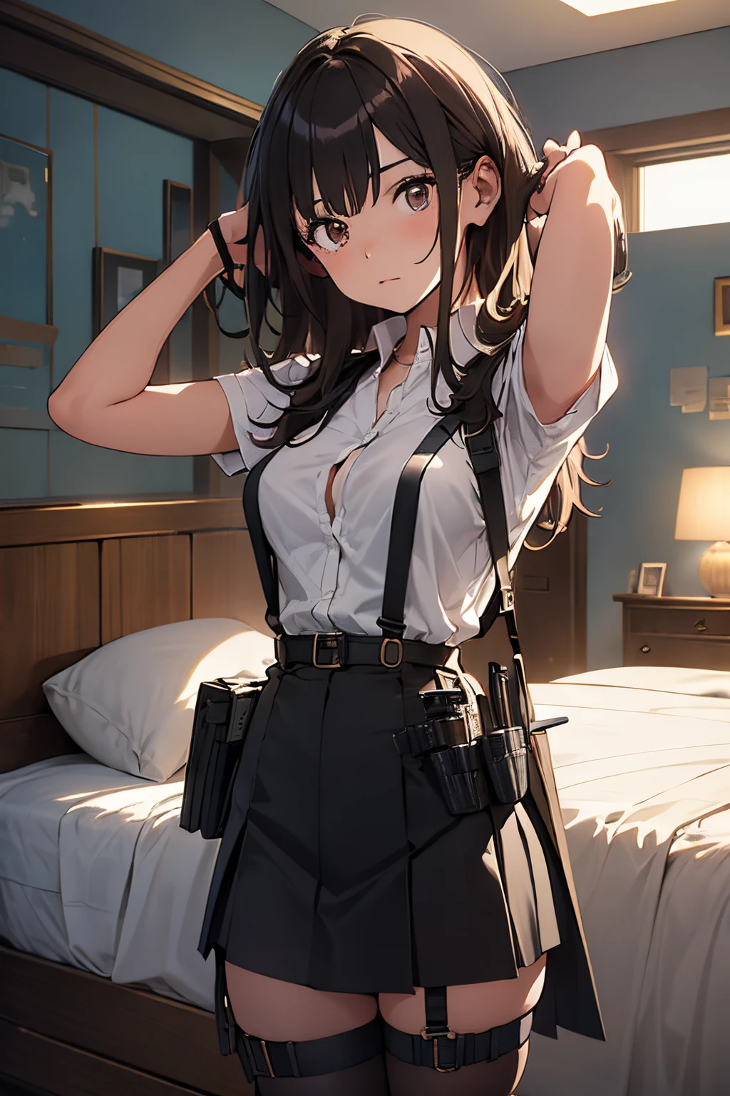 ​masterpiece、flat-colors、depth of fields、lens flare 1 girl、、Brown hair、watching at viewers　　　black suspenders　　　Bulging big breasts　　 　 　　　walls: 　Black miniskirt　garters　　　　　　Gaze　　　Small face　bangss 　　　holster　　Belt Armament　Beautuful Women　srestrained　hands up　Lying in bed　Leg holster lying on the bed　　Gaze