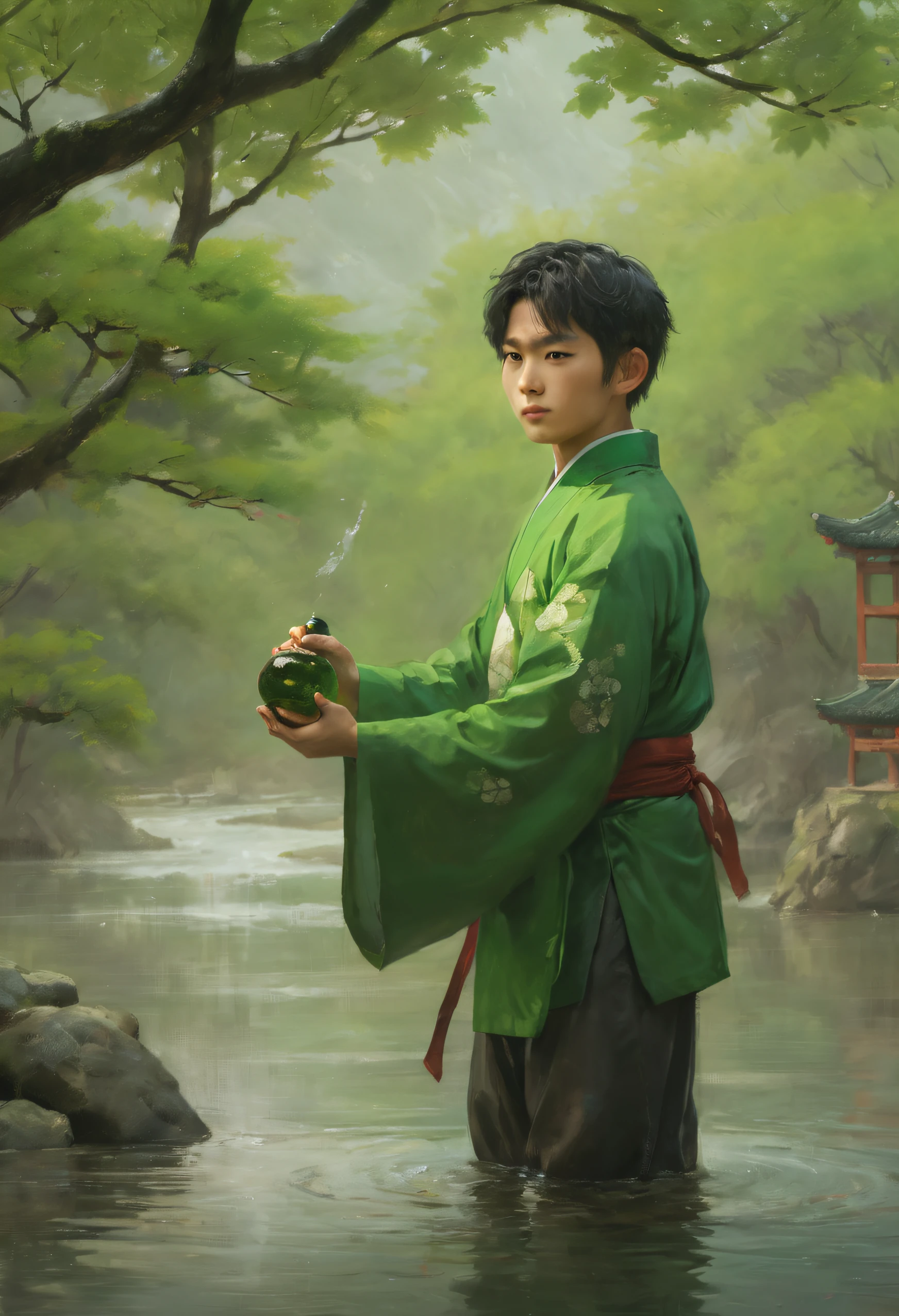 The boy holds the Umemi sake bottle，The other hand holds a sword，Under the green plum tree by the river，casting magic，Wearing a green Tang suit，green spell surround，drifting snow，cg，Look up at the perspective，Ancient scenes，design sense，movie picture quality