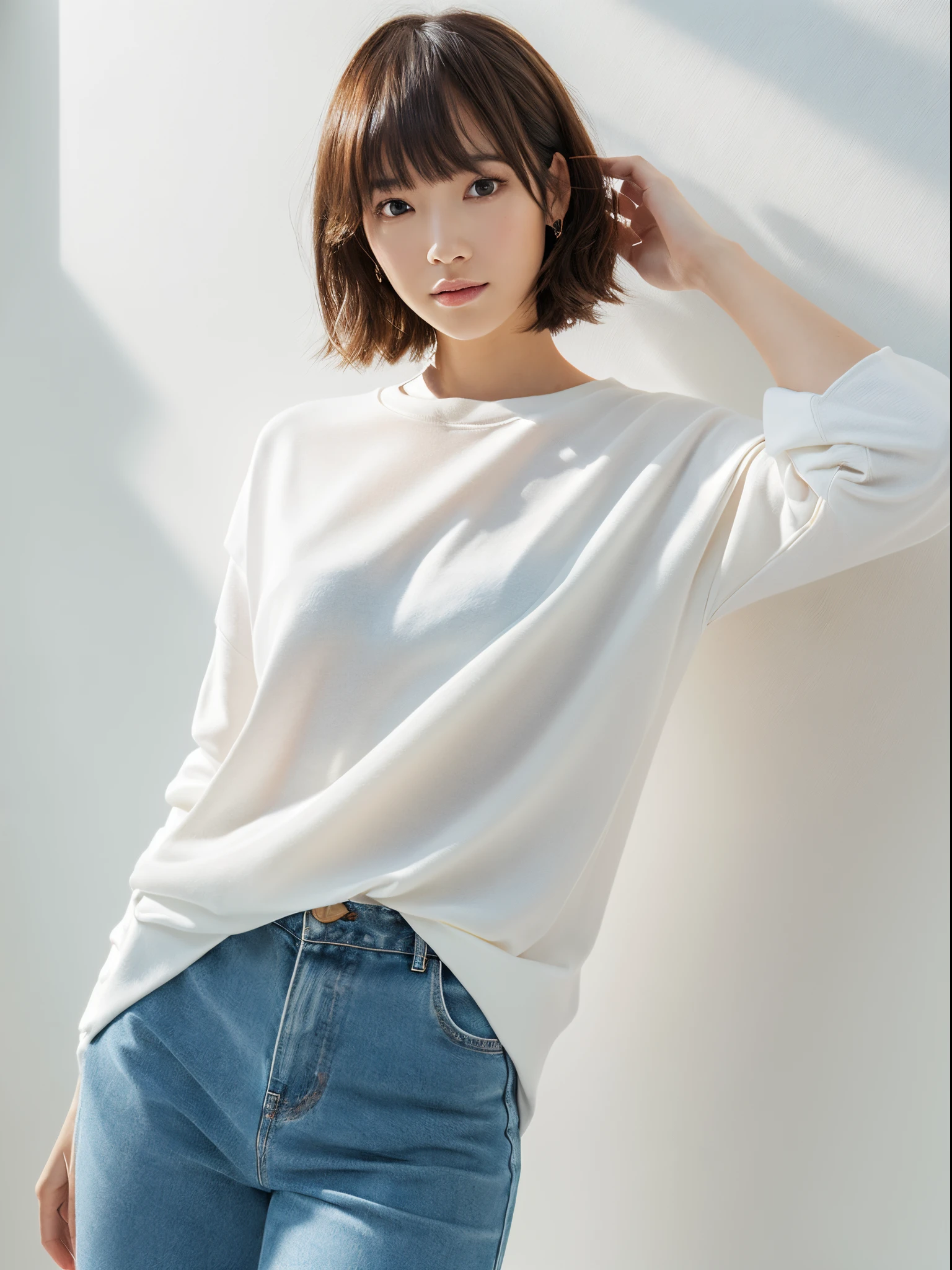 ((highest quality、best image quality、ultra high resolution、Drawn in ultra-high definition、alone、look closely at the camera))、1 girl、realistic、written boundary depth、natural soft light、Echiechi, Constricted body, 30 years old, beautiful and detailed eyes, short bob hair, highest quality, masterpiece, Layer Bob Hair, Moist eyes, great pose, brown eyes, smile, perfect fingers、perfect hands、perfect body、perfect face, perfect anatomy, glossy lips, natural makeup, small ass, professional lighting, cowboy shot, miniskirt, long sleeve, simple background, From above, bright room,