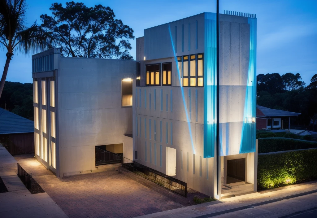 Exterior of the building,modern style,brick wall,blue glass,night,tropical tree and plan