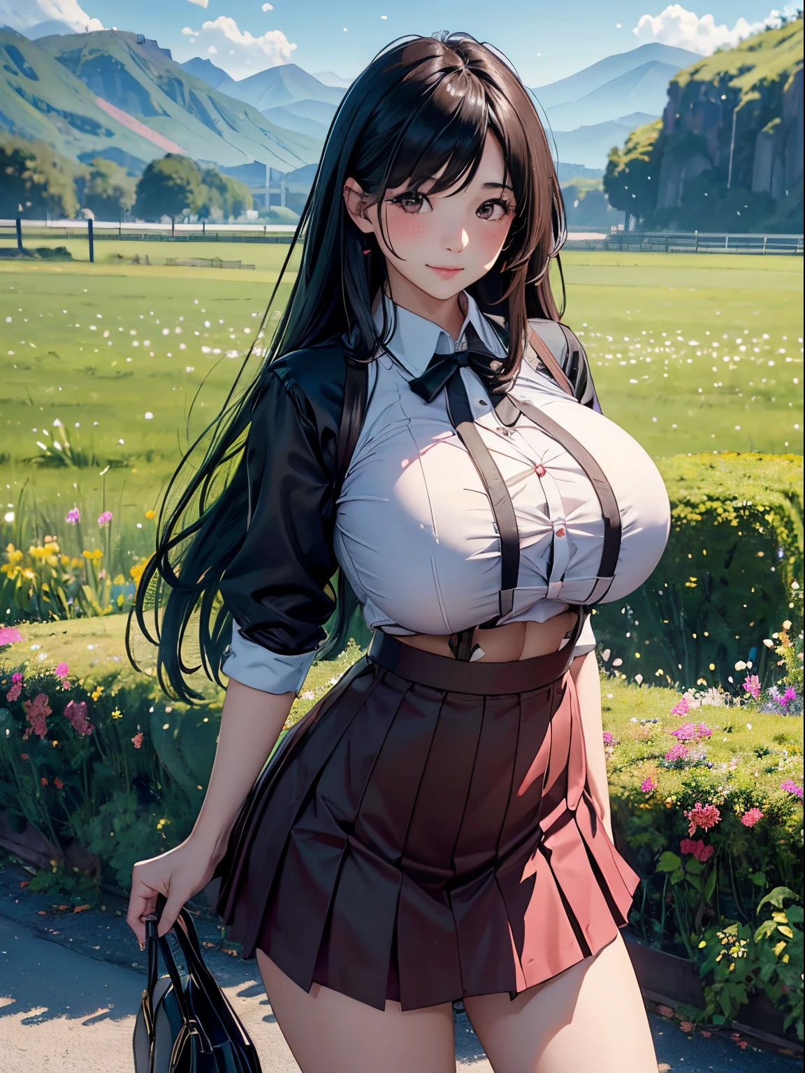 Adult women、(masterpiece:1.4)、(in 8K、realisitic、Raw photo、top-quality:1.4)、(Real Face:1.4)、(real looking skin:1.3)、超A high resolution、A hyper-realistic、Brown eyes、full bodyesbian、high detailing、cute face、耳环、Black hair long hair、White collared shirt、Large black ribbon、pleatedskirt、(huge-breasted:1.5)、Blushing、a smile、flower field、flower bouquet