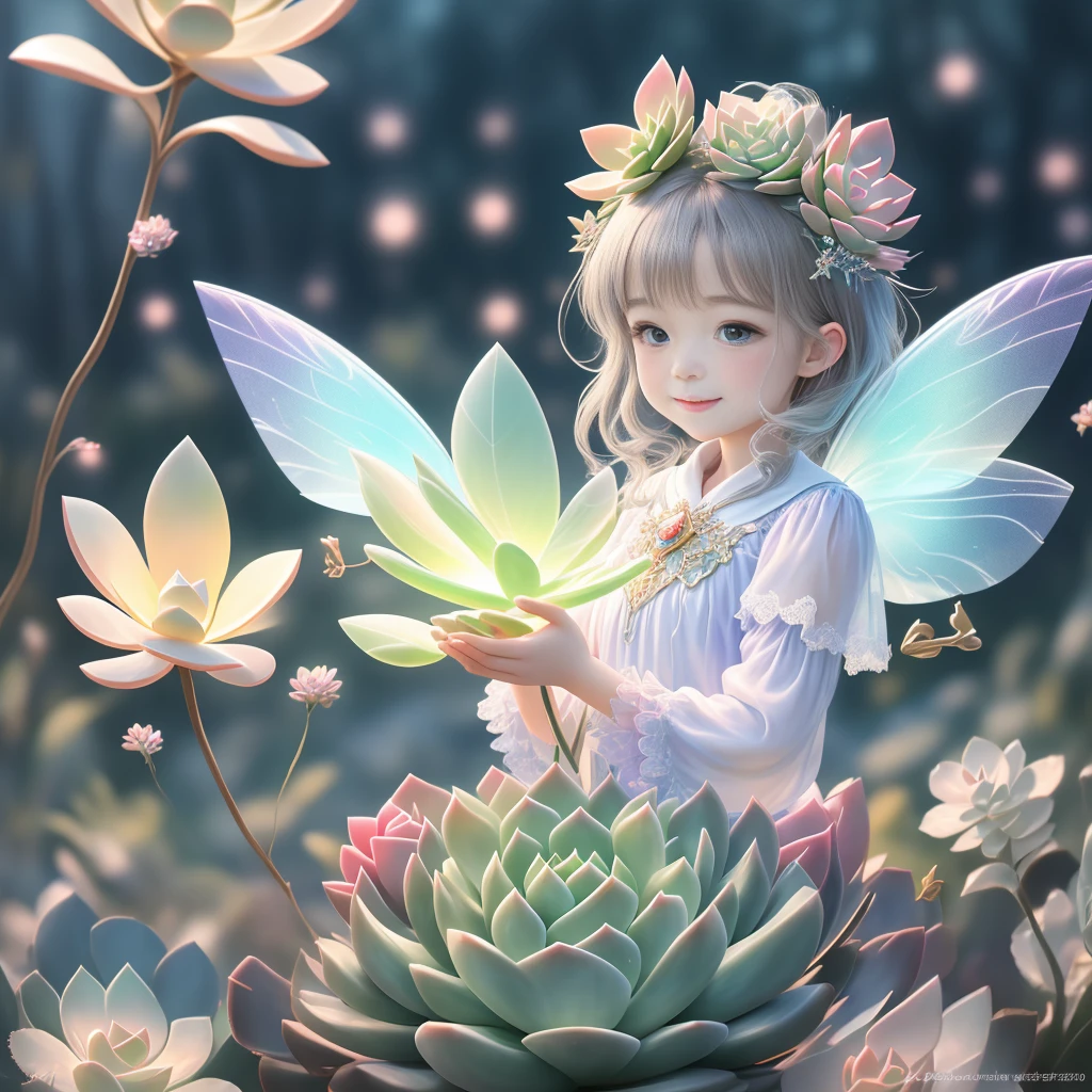 (Close-up of succulents:1.2),Beautiful transparent succulent fairy baby, Transparent colorful wings, The wand fluttered in the wind､The wand flashed with starlight，Golden wand，Beautiful blue sky and white clouds、Girls have transparent wings､smile kindly､Beautiful succulents garden background､Gentle and transparent，Anatomical correct, delicate patterns，Pink rose space, gentlesoftlighting, ( bokeh)，tmasterpiece, ultra - detailed, Epic work, Best quality, 8K，Epic Romantic Fantasy Digital Art，Epic fairy tale fantasy digital art，Myths and Fantasy，UHD resolution，Detailed detail drawing，realistically，Very realistic，电影灯光,an award winning photograph,Lots of colors，surreal texture，dramatic lights