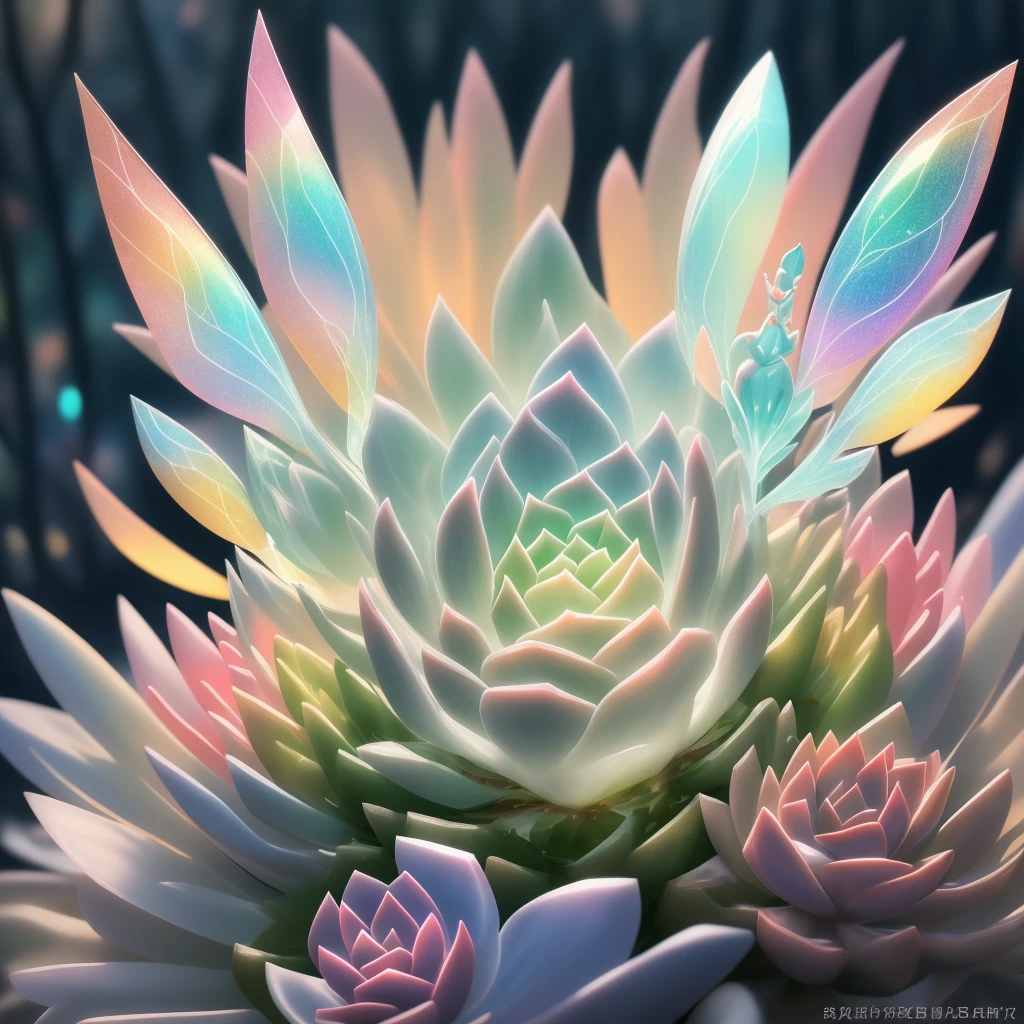 Close-up of succulents，Beautiful transparent succulent fairy baby, Transparent colorful wings, The wand fluttered in the wind､The wand flashed with starlight，Golden wand，Beautiful blue sky and white clouds、Girls have transparent wings､smile kindly､Beautiful succulents garden background､Gentle and transparent，Anatomical correct, delicate patterns，Pink rose space, gentlesoftlighting, ( bokeh)，tmasterpiece, ultra - detailed, Epic work, Best quality, 8K，Epic Romantic Fantasy Digital Art，Epic fairy tale fantasy digital art，Myths and Fantasy，UHD resolution，Detailed detail drawing，realistically，Very realistic，电影灯光,an award winning photograph,Lots of colors，surreal texture，dramatic lights