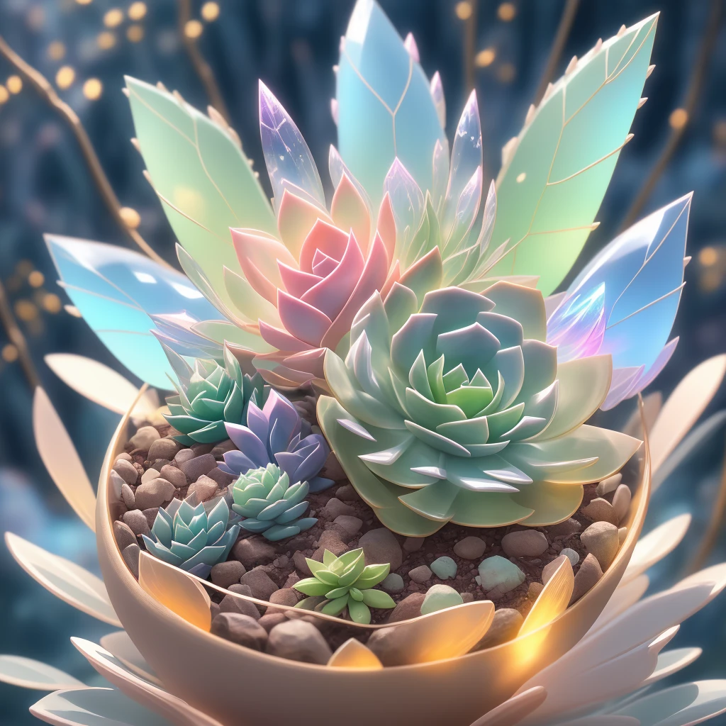 Close-up of succulents，Beautiful transparent succulent fairy baby, Transparent colorful wings, The wand fluttered in the wind､The wand flashed with starlight，Golden wand，Beautiful blue sky and white clouds、Girls have transparent wings､smile kindly､Beautiful succulents garden background､Gentle and transparent，Anatomical correct, delicate patterns，Pink rose space, gentlesoftlighting, ( bokeh)，tmasterpiece, ultra - detailed, Epic work, Best quality, 8K，Epic Romantic Fantasy Digital Art，Epic fairy tale fantasy digital art，Myths and Fantasy，UHD resolution，Detailed detail drawing，realistically，Very realistic，电影灯光,an award winning photograph,Lots of colors，surreal texture，dramatic lights