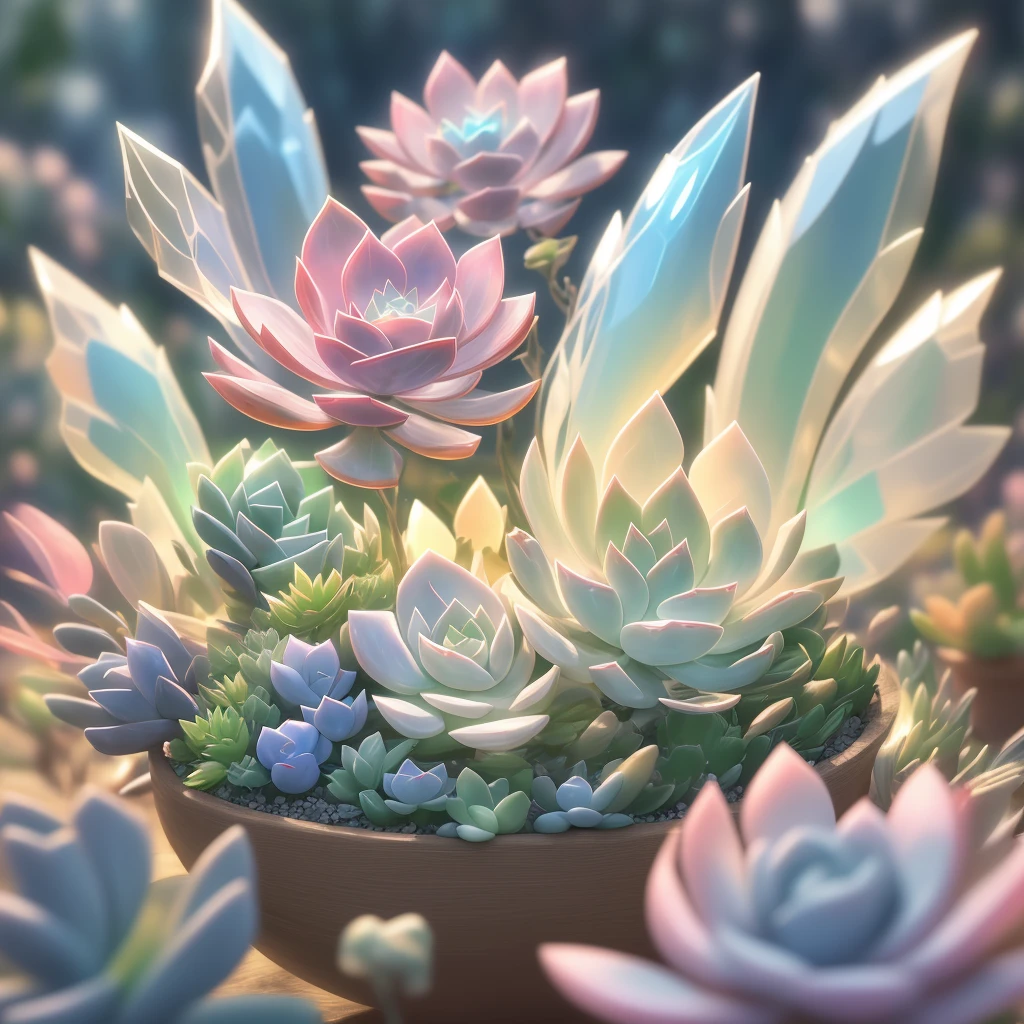 (Close-up of succulents:1.2),Beautiful transparent succulent fairy baby, Transparent colorful wings, The wand fluttered in the wind、The wand flashed with starlight,Golden wand,Beautiful blue sky and white clouds、Girls have transparent wings、smile kindly、Beautiful succulents garden background、Gentle and transparent,Anatomical correct, delicate patterns,Pink rose space, gentlesoftlighting, ( bokeh),tmasterpiece, ultra - detailed, Epic work, Best quality, 8K,Epic Romantic Fantasy Digital Art,Epic fairy tale fantasy digital art,Myths and Fantasy,UHD resolution,Detailed detail drawing,realistically,Very realistic,电影灯光,an award winning photograph,Lots of colors,surreal texture,dramatic lights