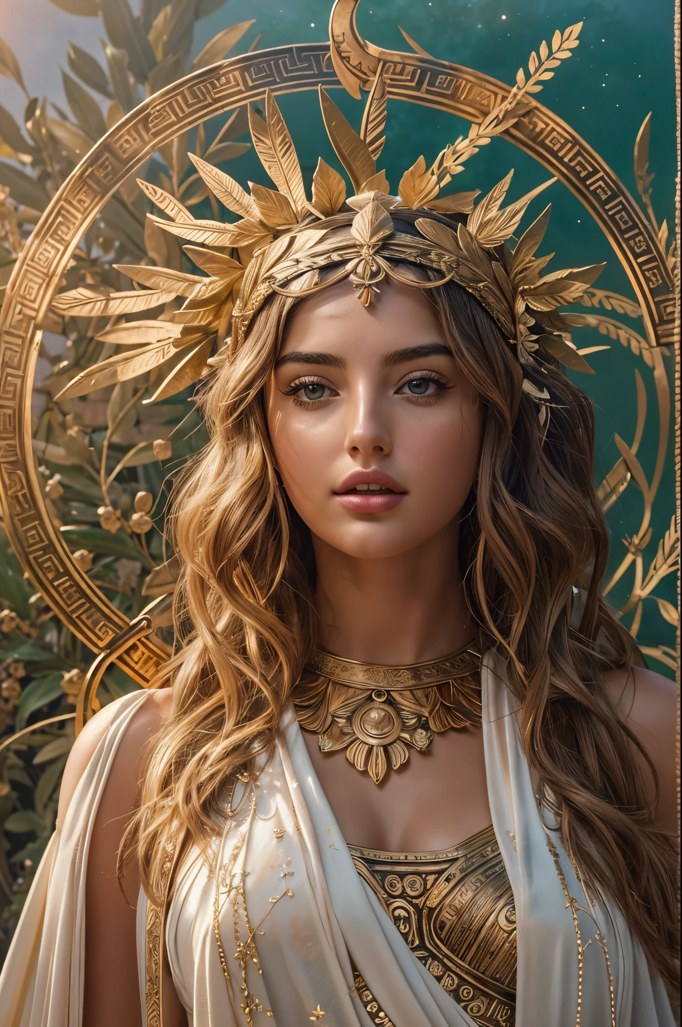 "Imagine an AI-generated image that transforms Ana de Armas into a majestic Greek goddess. Envision her draped in ethereal robes adorned with subtle celestial patterns, radiating grace and power. Picture her holding a symbolic object—a staff, a laurel wreath, or another item that reflects her divine authority. Surround her with an aura of soft, celestial light, creating an atmosphere that evokes the mystique of ancient Greek mythology. The image should capture the essence of Ana de Armas as a modern interpretation of a goddess, seamlessly blending her natural beauty with the timeless allure of Greek deities."