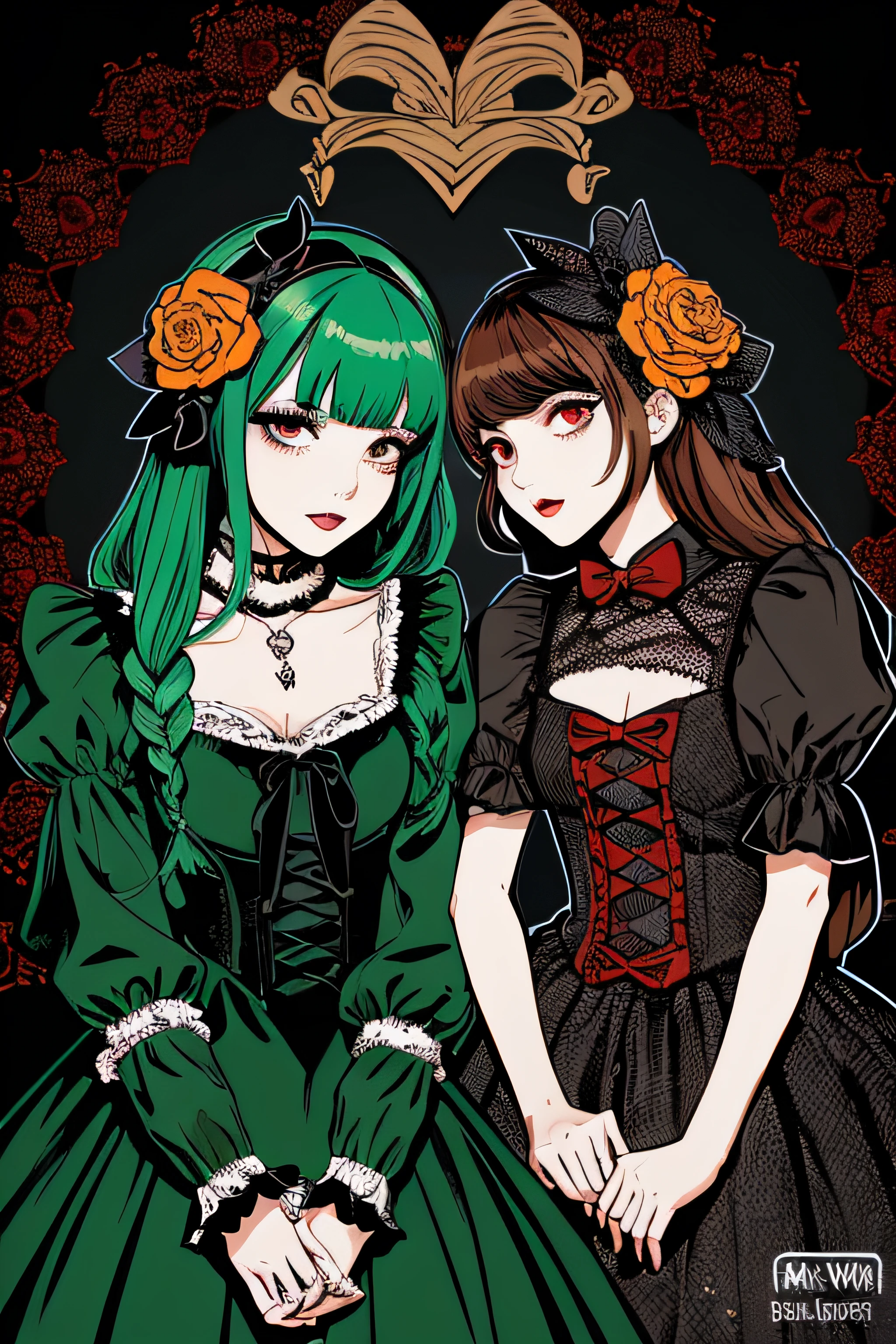 Beautiful Hardcore Illustration homepage illustration style, dark, high resolution, hard touch illustration, strong outline, two girls, gothic & lolita style, gothic & lolita fashion, 8k, American comic style, colorful background, Hiroyuki Nagasaka, aggressive, beautiful face, cool beauty, dress, beauty style, green color, battle, Hard illustration, orange colored hair, Two persons, rose, backwards, Halloween small monster, Halloween, pumpkin, cloak,