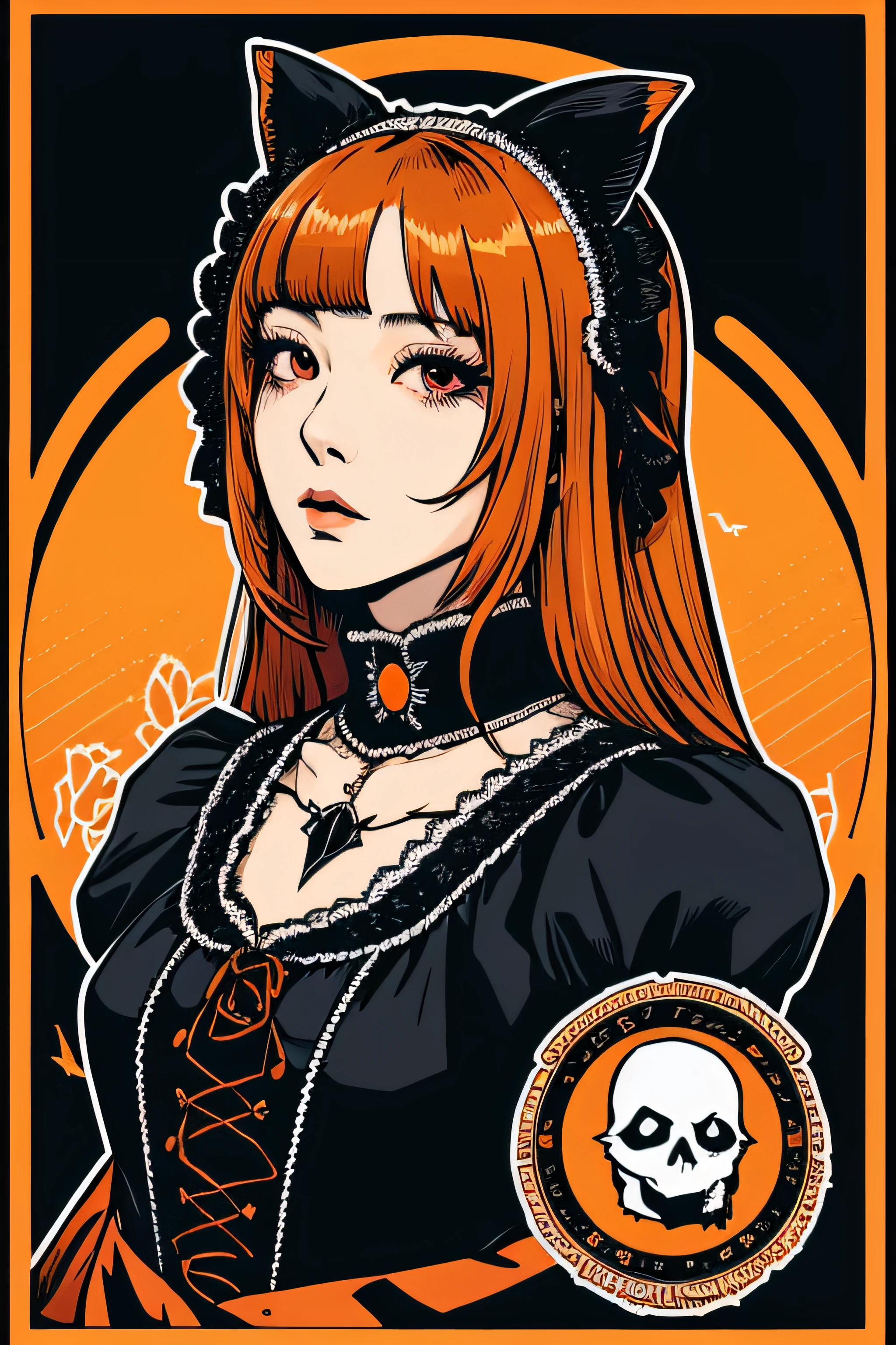 Beautiful Hardcore Illustration homepage illustration style, dark, high resolution, hard touch illustration, strong outline, two girls, gothic & ta style, gothic & loliashion, 8k, American comic style, colorful background, Hiroyuki Nagasaka, aggressive, beautiful face, cool beauty, dress, beauty style, orange color, battle, Hard illustration, orange colored hair, Two persons, rose, backwards, Halloween small monster, Halloween, pumpkin, cloak,