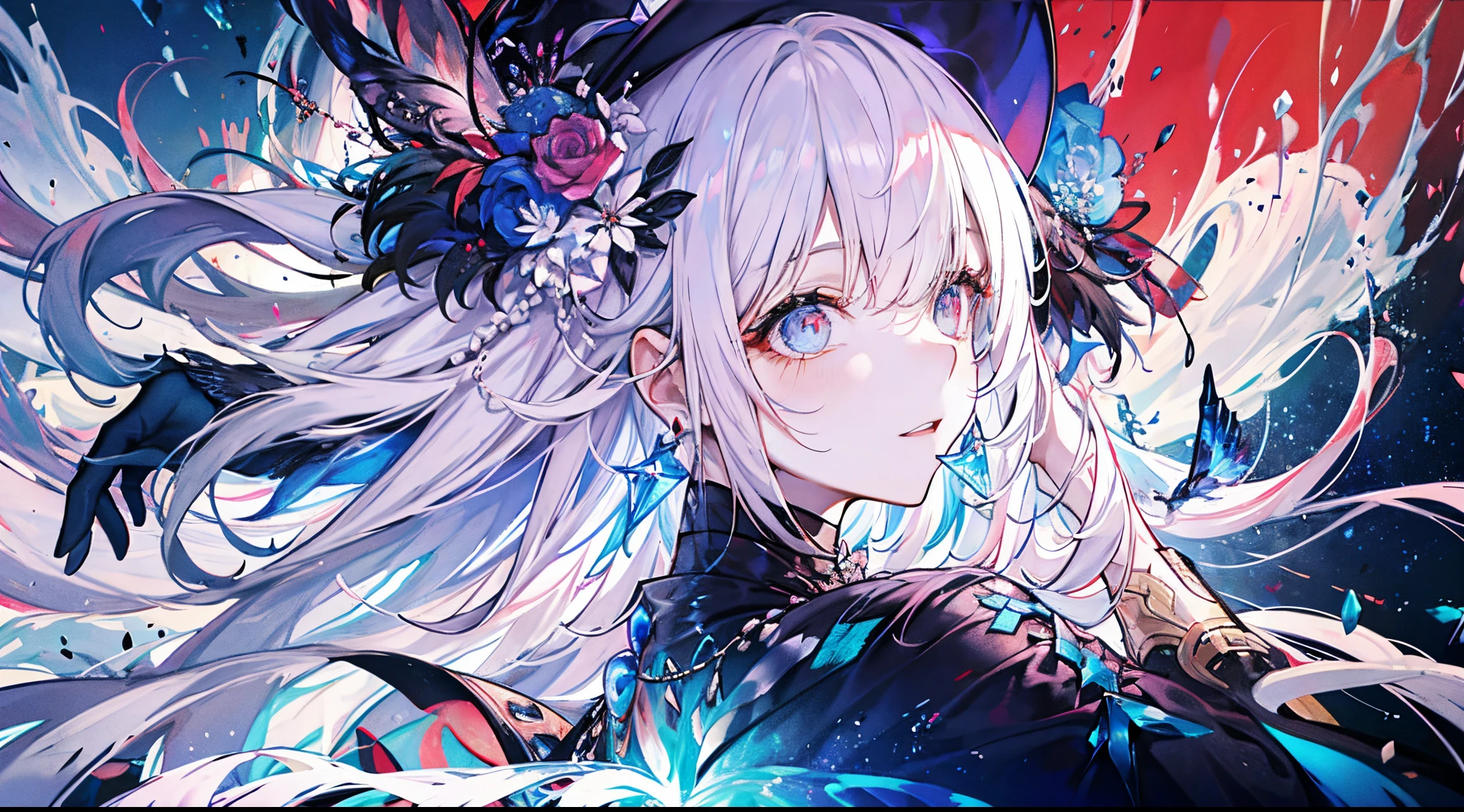 ((tmasterpiece:1.4,Best quality))+,(hyper-detailing)+,(Ultra-detailed eyes)+,(winged ears:1.5),
(cute girls),ar old,(dark red eye:1.15),Long gray hair,dual horsetail,Bushy hair,red hairband(wariza:1.2),pale-skinned,Funk,funk,bloods,blood stain
(She wears conservative blue, red and black dress,red pattern,Lots of fluff:1.5),(Black gloves:1.4)The sleeves are long,pearls necklace,Black earrings,merfolk,The corals,Menghua,gem jewelry,Ocean of fish and trees,Red witch hat,Conch headdress,clarinet,sing,fish flocks,Fishbone decoration,Place your hands behind your back,Turn your head forward,
(Fishtail:1.1),
(dawn light:1.2),
(Thick black and white:1.16),(depth of fields:1.4)Complicated details,color mixing,Detailed route,Excellent,super detailing,The content is very detailed,(hight contrast:1.11),ventania,Amazing cleavage,beautidful eyes,messy hair,(best illuminate,Extremely Delicately Beautiful), ((movie light lighting)), (seen from the side:1.3),8K,tmasterpiece,Best quality,cinematic Film still from,1 plump girl,floating in sky,Intertwined clouds,cloud,(Close-up cleavage:1.1),bright,cheerful,Interesting,gentlesoftlighting,(bauhause,shape,line engineering,Abstract:1.1)offcial art, Unity 8k壁纸, ultra - detailed, Beautiful and beautiful, tmasterpiece, Best quality, (dynamic angle:1.4),romantic depth of field exotic_dances,Perfect NwsjMajic,(tmasterpiece,top-quality,Best quality,offcial art,Beauty and aesthetics:1.2),The content is very detailed,rich colourful,highest details,