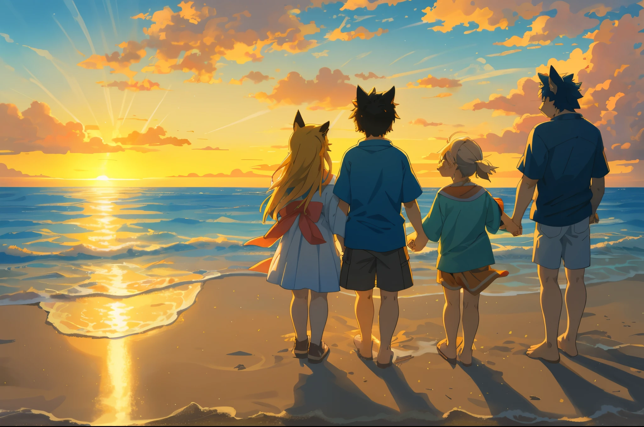 cover page, anime key visual, highres, top quality, best quality, paid reward available, High-quality illustrations, unparalleled masterpiece, perfect artwork, absurdres(family watching sunrise at the beach)(kemono werewolf family with two parents of diverse descents and a child)perfect anatomy, mesmerized by the sunrise, child playing with sand and building a sandcastle, serene beach with gentle waves, sky with vibrant colors of dawn, family’s expressions of awe and happiness, moment of peace and togetherness, fan-created work shared on platforms Pixiv or Twitter, cinematic lighting, dynamic angle,