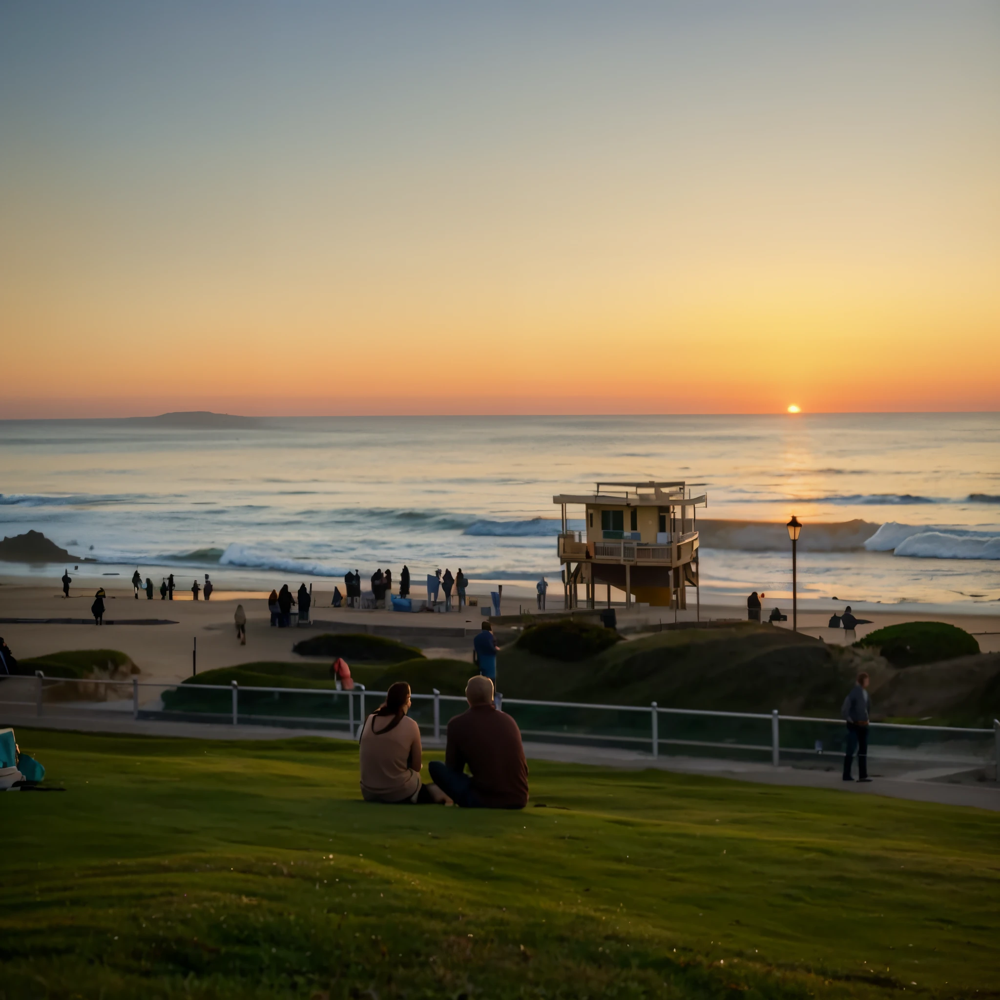 People sit on the grass and watch the sunset over the sea, watching the sunset, Golden Hour in Pismo, California, Primetime shooting, looking out at a sunset, Looking at the sunset, Overlooking the sea, In the golden hour of dusk, at the beach on a sunset, Watch the sunset, looking at the ocean, on the beach during sunset