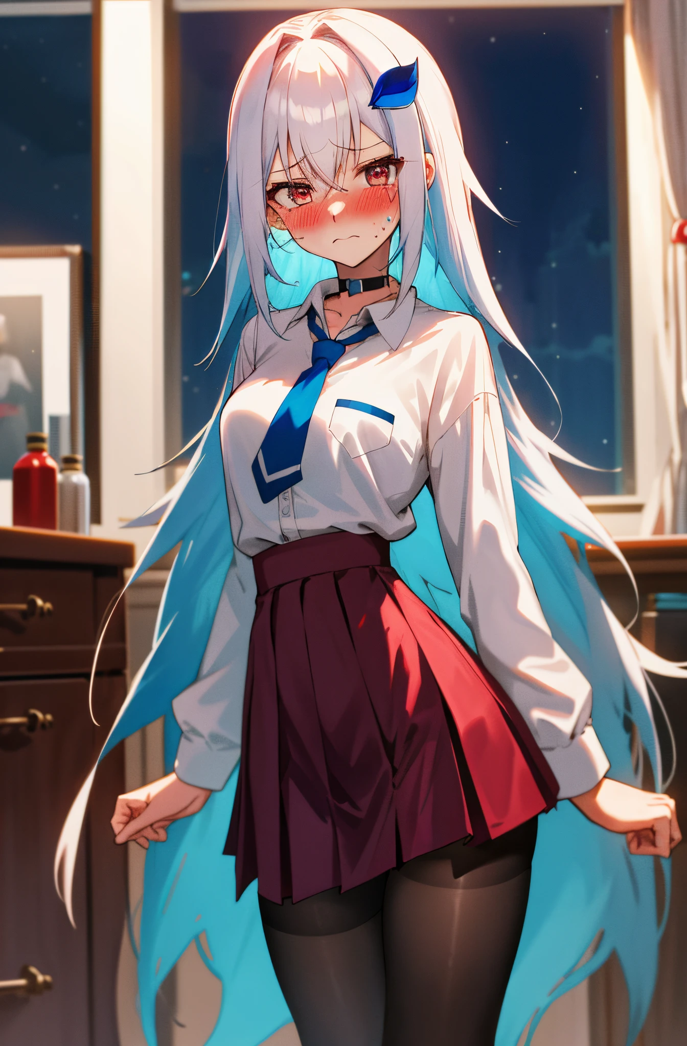 One girl with long hair, white hair, blue inner hair, looking at viewer, embarrassed, blushing, tears, indoor, bedroom, white shirts, red necktie, red mini skirt, school girl, thigh, slim, dizzy, choker, mid-chest, wide hips, perfect waist, spread legs, night atmosphere, hair ornament, standing, pantyhose, (embarrassed:1.0)