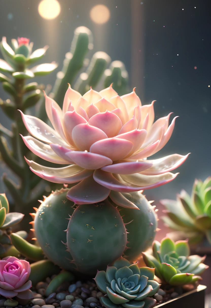 Close-up of succulents，Beautiful transparent succulent fairy baby, Transparent colorful wings, The wand fluttered in the wind､The wand flashed with starlight，Golden wand，Beautiful blue sky and white clouds、Girls have transparent wings､smile kindly､Beautiful succulents garden background､Gentle and transparent，Anatomical correct, delicate patterns，Pink rose space, gentlesoftlighting, ( bokeh)，tmasterpiece, ultra - detailed, Epic work, Best quality, 8K，Epic Romantic Fantasy Digital Art，Epic fairy tale fantasy digital art，Myths and Fantasy，UHD resolution，Detailed detail drawing，realistically，Very realistic，电影灯光,an award winning photograph,Lots of colors，surreal texture，dramatic lights