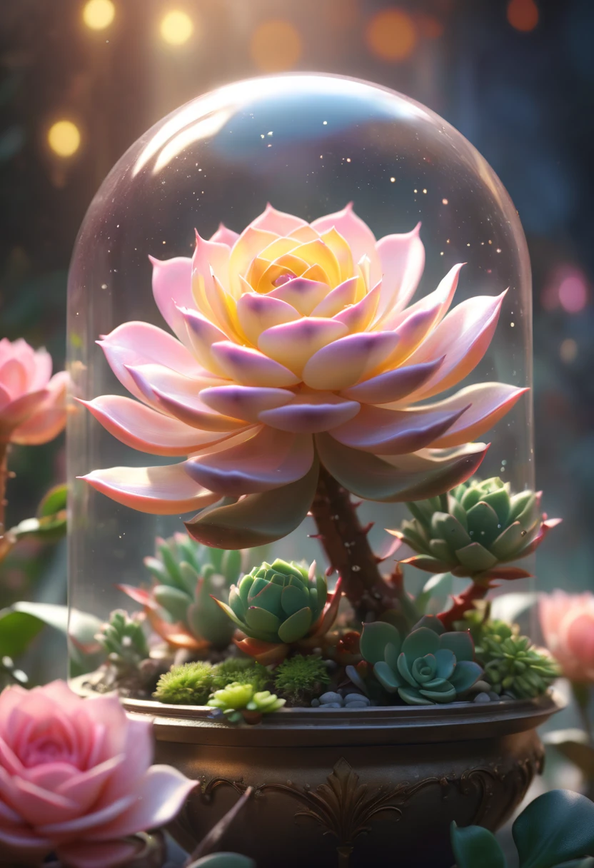 tmasterpiece，Best quality，high high quality，The content is very detailed，8K，Translucent ethereal mechanical succulent plant fairy，Succulent plant base，Close-up of great succulents，golden space，bokeh，Minimalist composition,(tmasterpiece，Best quality：1.2），UHD resolution，Gentle and transparent，Anatomical correct, delicate patterns，Pink rose space, gentlesoftlighting, ( bokeh)，tmasterpiece, ultra - detailed, Epic work, Best quality at best, 8K，Epic Romantic Fantasy Digital Art，Epic fairy tale fantasy digital art，Myths and Fantasy，UHD resolution，Detailed detail drawing，realistically，Very realistic，电影灯光,an award winning photograph,Many colors，Hyper-realistic textures，dramatic lights