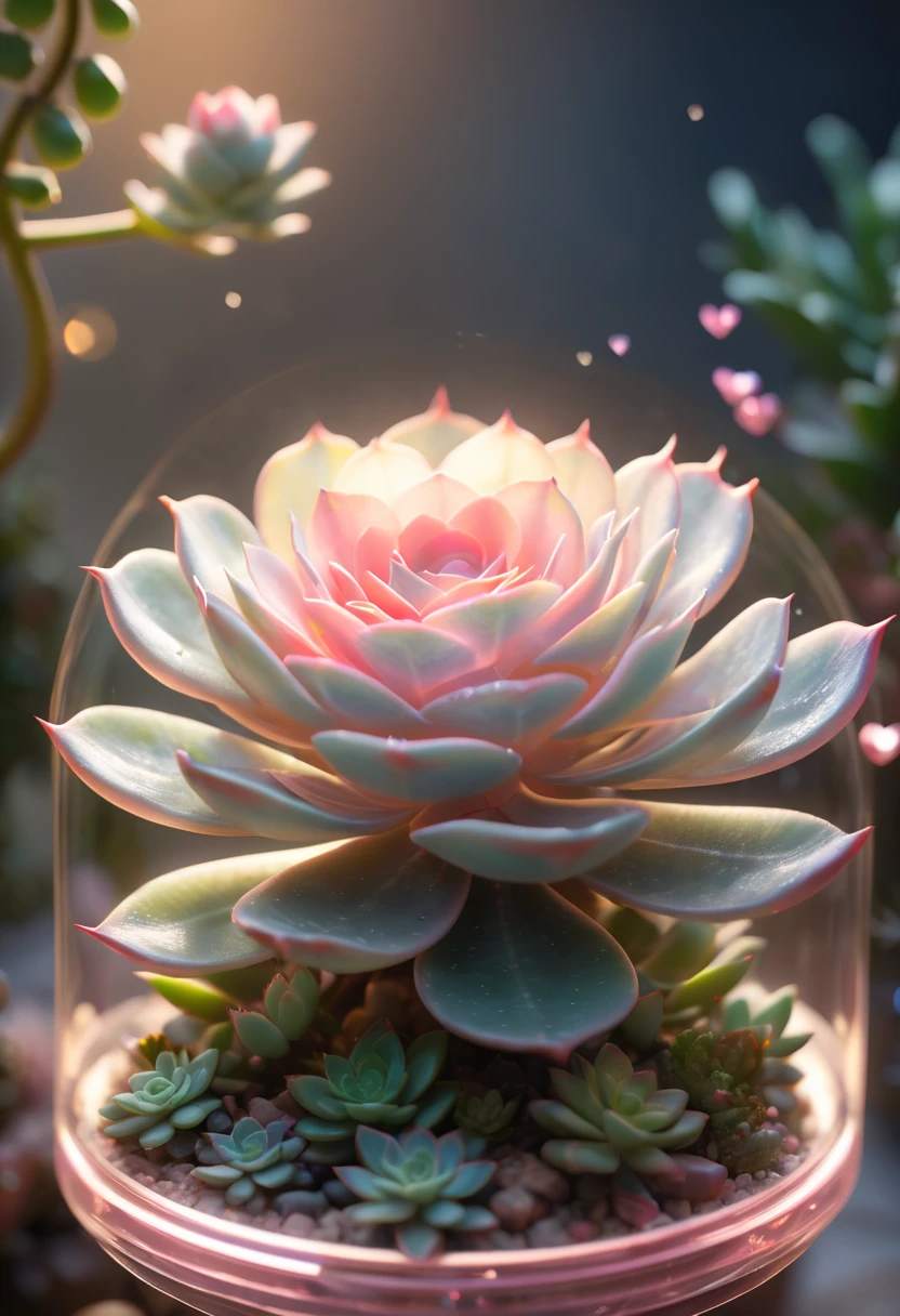 Close-up of succulents，Beautiful transparent succulent fairy baby, Transparent colorful wings, The wand fluttered in the wind､The wand flashed with starlight，Golden wand，Beautiful blue sky and white clouds、Girls have transparent wings､smile kindly､Beautiful succulents garden background､Gentle and transparent，Anatomical correct, delicate patterns，Pink rose space, gentlesoftlighting, ( bokeh)，tmasterpiece, ultra - detailed, Epic work, Best quality, 8K，Epic Romantic Fantasy Digital Art，Epic fairy tale fantasy digital art，Myths and Fantasy，UHD resolution，Detailed detail drawing，realistically，Very realistic，电影灯光,an award winning photograph,Lots of colors，surreal texture，dramatic lights