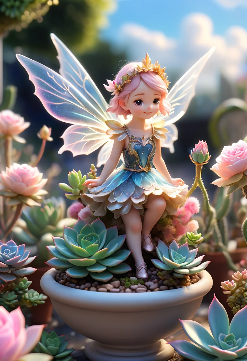 Close-up of succulents,Beautiful transparent succulent fairy , Transparent colorful wings, The wand fluttered in the wind、The wand flashed with starlight,Golden wand,Beautiful blue sky and white clouds、Girls have transparent wings、smile kindly、Beautiful succulents garden background、Gentle and transparent,Anatomical correct, delicate patterns,Pink rose space, gentlesoftlighting, ( bokeh),tmasterpiece, ultra - detailed, Epic work, Best quality, 8K,Epic Romantic Fantasy Digital Art,Epic fairy tale fantasy digital art,Myths and Fantasy,UHD resolution,Detailed detail drawing,realistically,Very realistic,电影灯光,an award winning photograph,Lots of colors,surreal texture,dramatic lights