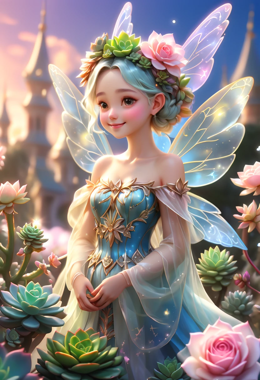 Close-up of succulents,Beautiful transparent succulent fairy , Transparent colorful wings, The wand fluttered in the wind、The wand flashed with starlight,Golden wand,Beautiful blue sky and white clouds、Girls have transparent wings、smile kindly、Beautiful succulents garden background、Gentle and transparent,Anatomical correct, delicate patterns,Pink rose space, gentlesoftlighting, ( bokeh),tmasterpiece, ultra - detailed, Epic work, Best quality, 8K,Epic Romantic Fantasy Digital Art,Epic fairy tale fantasy digital art,Myths and Fantasy,UHD resolution,Detailed detail drawing,realistically,Very realistic,电影灯光,an award winning photograph,Lots of colors,surreal texture,dramatic lights