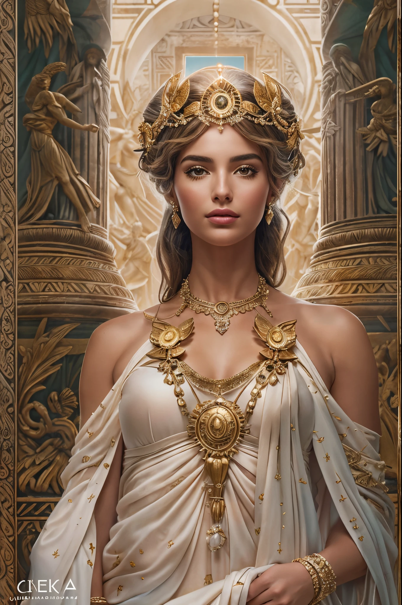 "Imagine an AI-generated artwork that transforms Ana Celia de Armas into a mythical Greek goddess. Envision her draped in ethereal robes adorned with symbols of classical antiquity, embodying divine grace and beauty. Surround her with an aura of celestial light, set against a backdrop reminiscent of ancient Grecian landscapes. Capture the essence of Ana Celia de Armas as a goddess, blending her contemporary allure with the timeless elegance of Greek mythology. Use a harmonious color palette that reflects both the richness of her heritage and the enchantment of a mythological realm. The final image should be a visual ode to her as a modern-day goddess, seamlessly merging the worlds of cinema and ancient mythology."