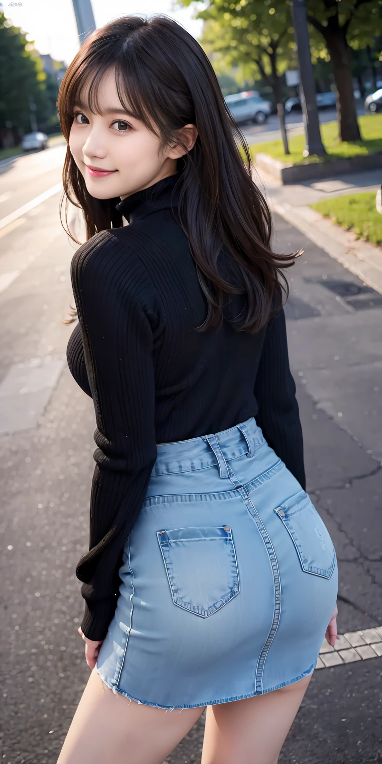 25 years old women, black wavy long hair、bangss、tight white turtleneck sweater, Puffy nipple、Tight denim skirt, jaket、Medium milk, cute smile face、(Butt sticking out pose)、(turned around)、sexy hips、cover your butt with both hands、high-heels、Parks with lakes、sexy pose、Big necklace、耳环、Photos showing the whole body