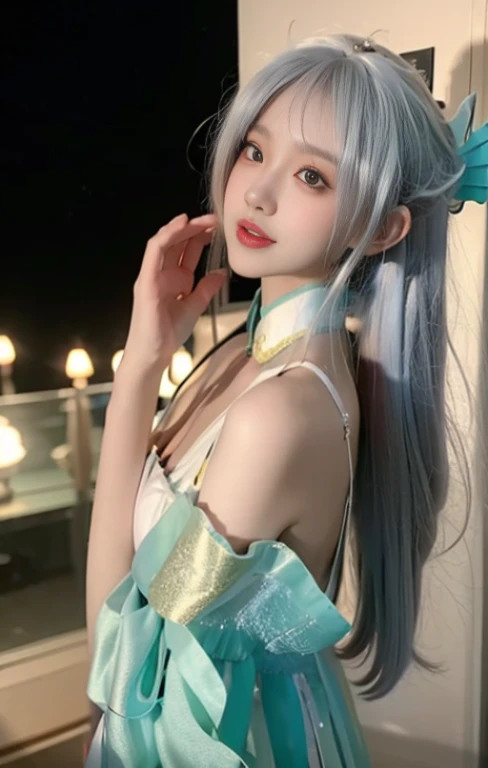 beautiful Girl,Bare back,back Lighting,There is a Chinese dragon tattoo on the back,Silver bracelet,Long hair shawl,River side,the night,Moon,Big eyes close-up,Upper body photo