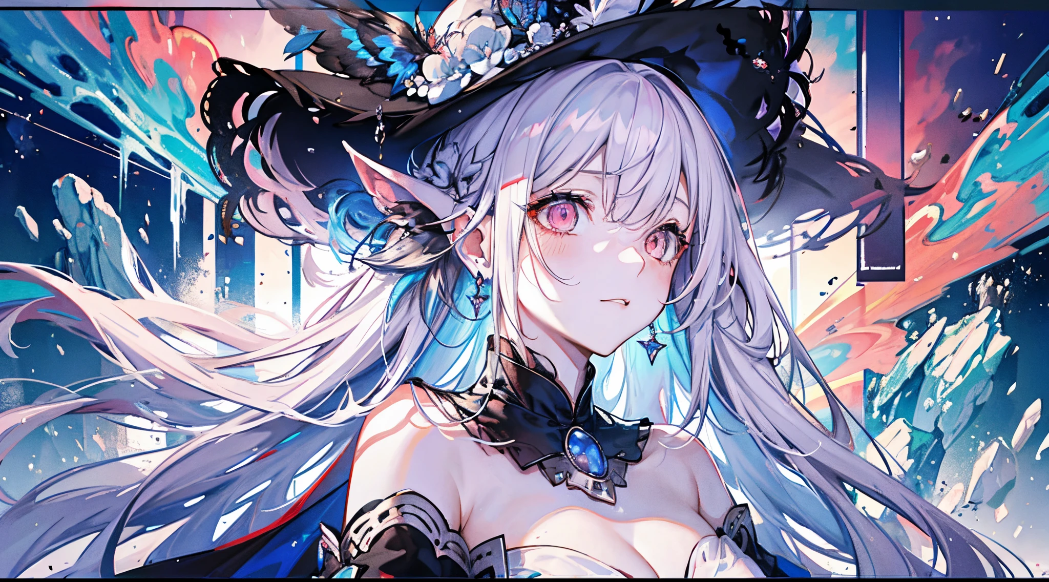 （（tmasterpiece：1.4，Best quality at best））+，（hyper-detailing）+，（Ultra-detailed eyes）+，（winged ears：1.5），
（cute girls），15year old，（dark red eye：1.15），Long gray hair，long braid，Bushy hair（wariza：1.2），pale-skinned，ssmile，a seductive smile
（She wears conservative blue, red and black dress，red pattern，Lots of fluff：1.5），（Black gloves：1.4）The sleeves are long，
Black earrings，merfolk，The corals，Menghua，gem jewelry，Ocean of fish and trees，Red witch hat，Conch headdress，harp，sing，fish flocks，Fishbone decoration
（Fishtail：1.1），
（dawn light：1.2），
（Thick black and white：1.16），（depth of fields：1.4），，Complicated details，