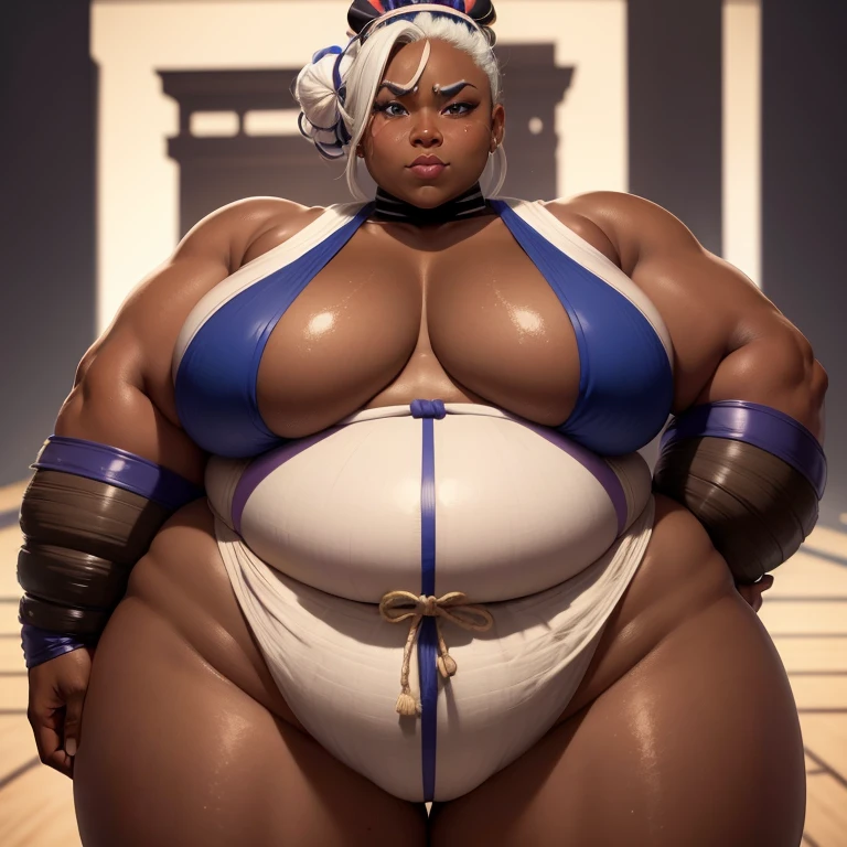 Dark skin, giantess, ((strongfat)), ssbbw, obese, strong arms, white hair, blue eyes, mawashi, tall, looming over viewer, (gentle smile), ((sumo wrestler)), gigantic, insanely large belly, sweaty, subtle blush, workout, middle aged woman, (bare arms)