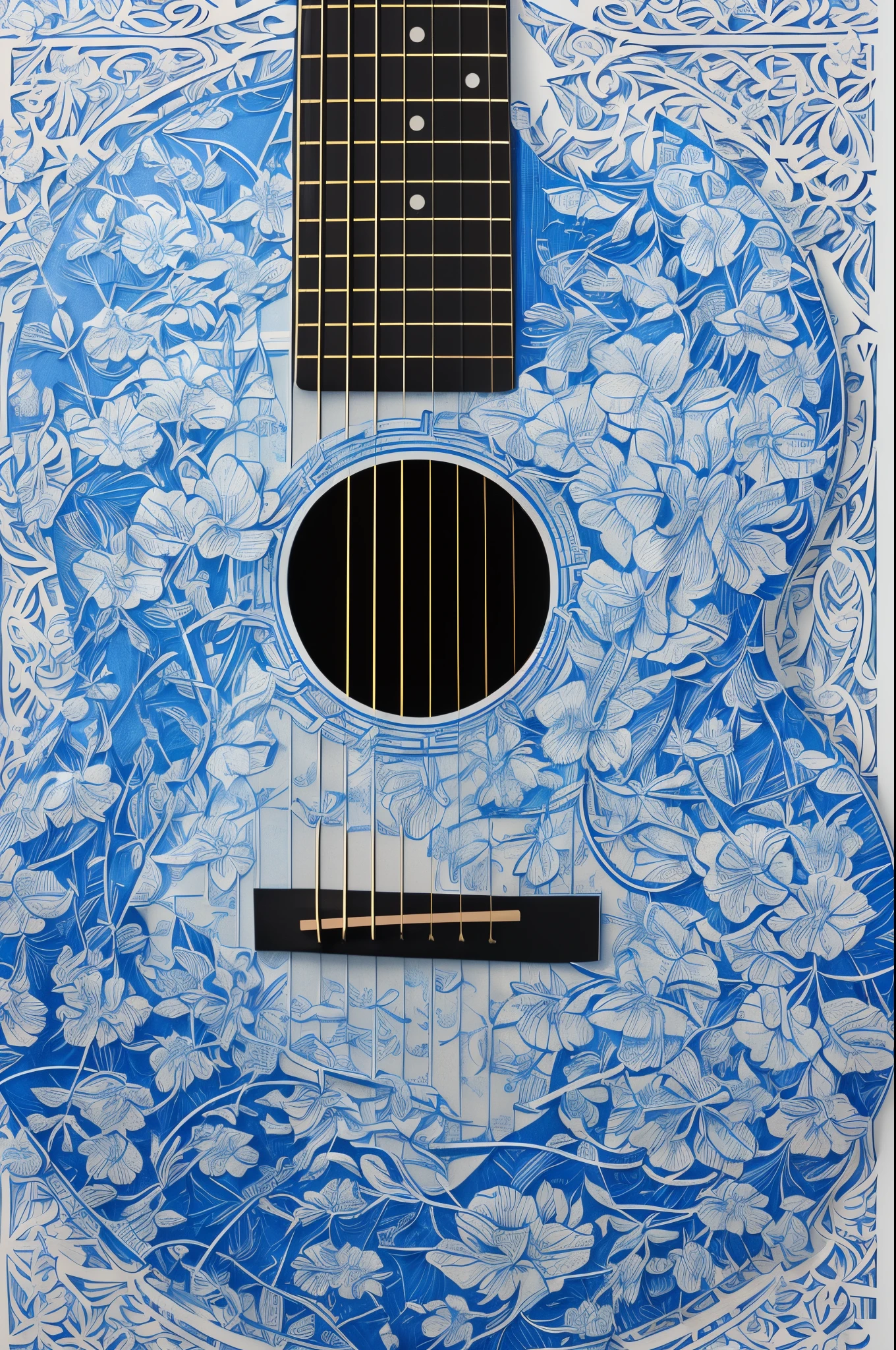 (best quality,4k,8k,highres,masterpiece:1.2),ultra-detailed,(realistic,photorealistic,photo-realistic:1.37),a guitar,Chinese paper-cutting style,blue and white,public welfare poster